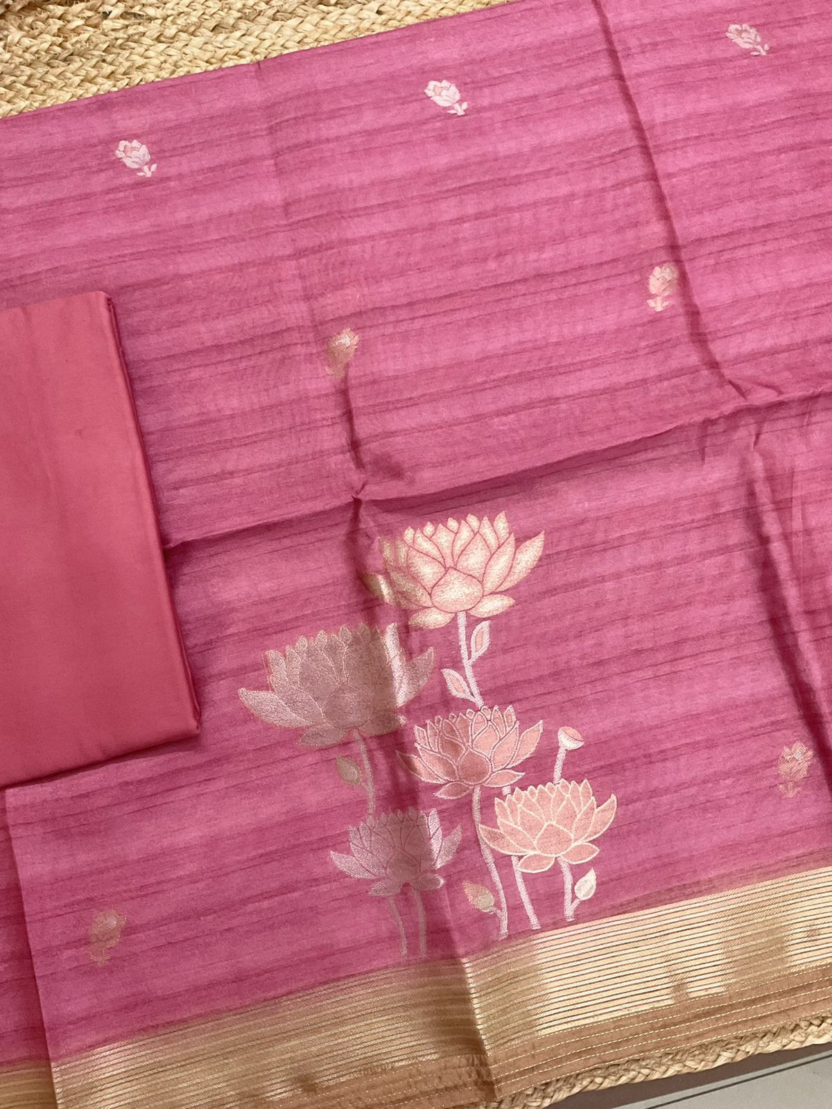 Soft Semi Tussar Silk Jamdani Weaved Suit - Pink