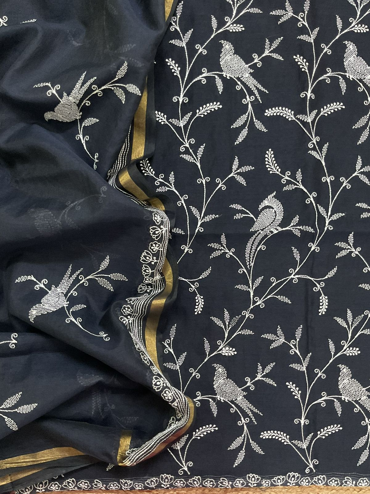 Pure Chanderi Embroidered Suit - Black