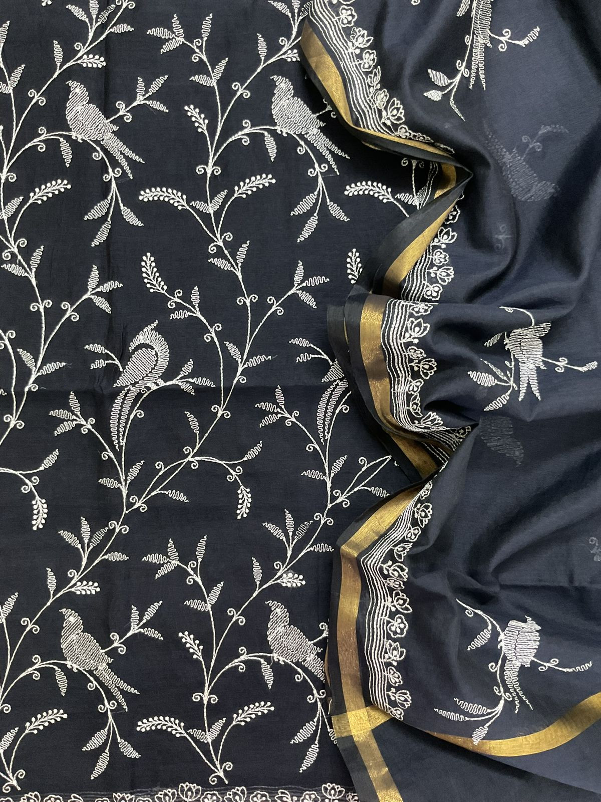 Pure Chanderi Embroidered Suit - Black