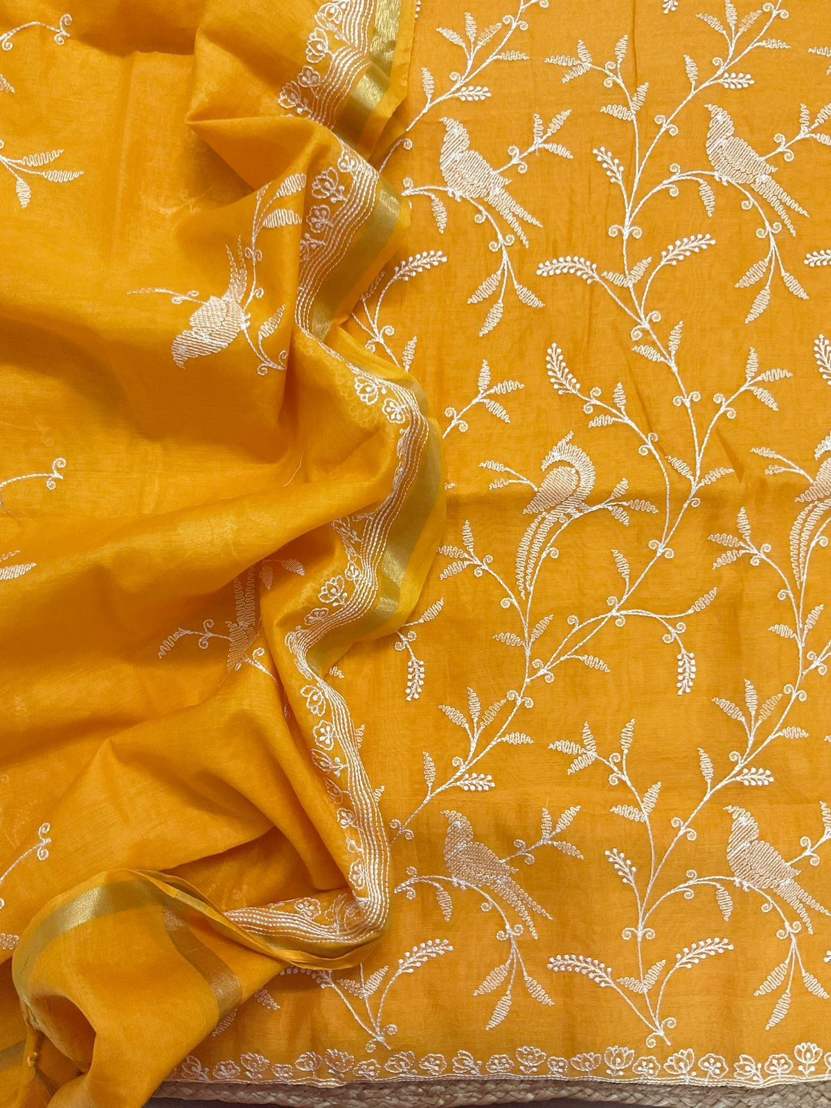 Pure Chanderi Embroidered Suit - Orangish Yellow