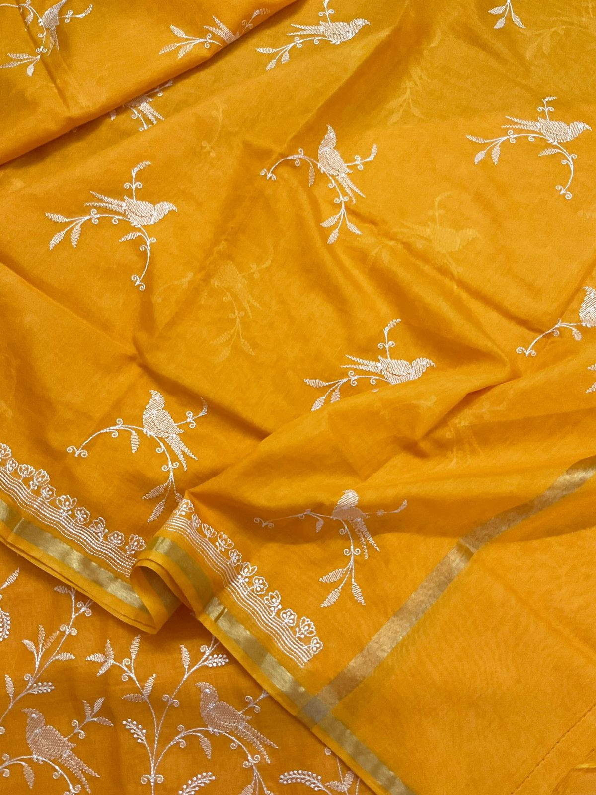 Pure Chanderi Embroidered Suit - Orangish Yellow