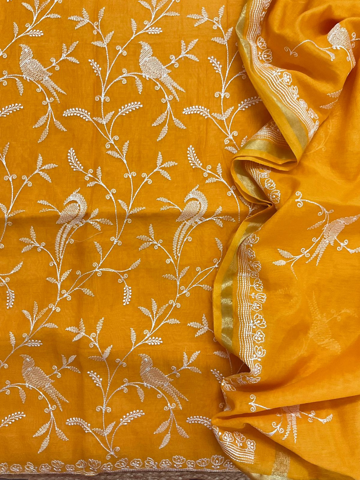 Pure Chanderi Embroidered Suit - Orangish Yellow