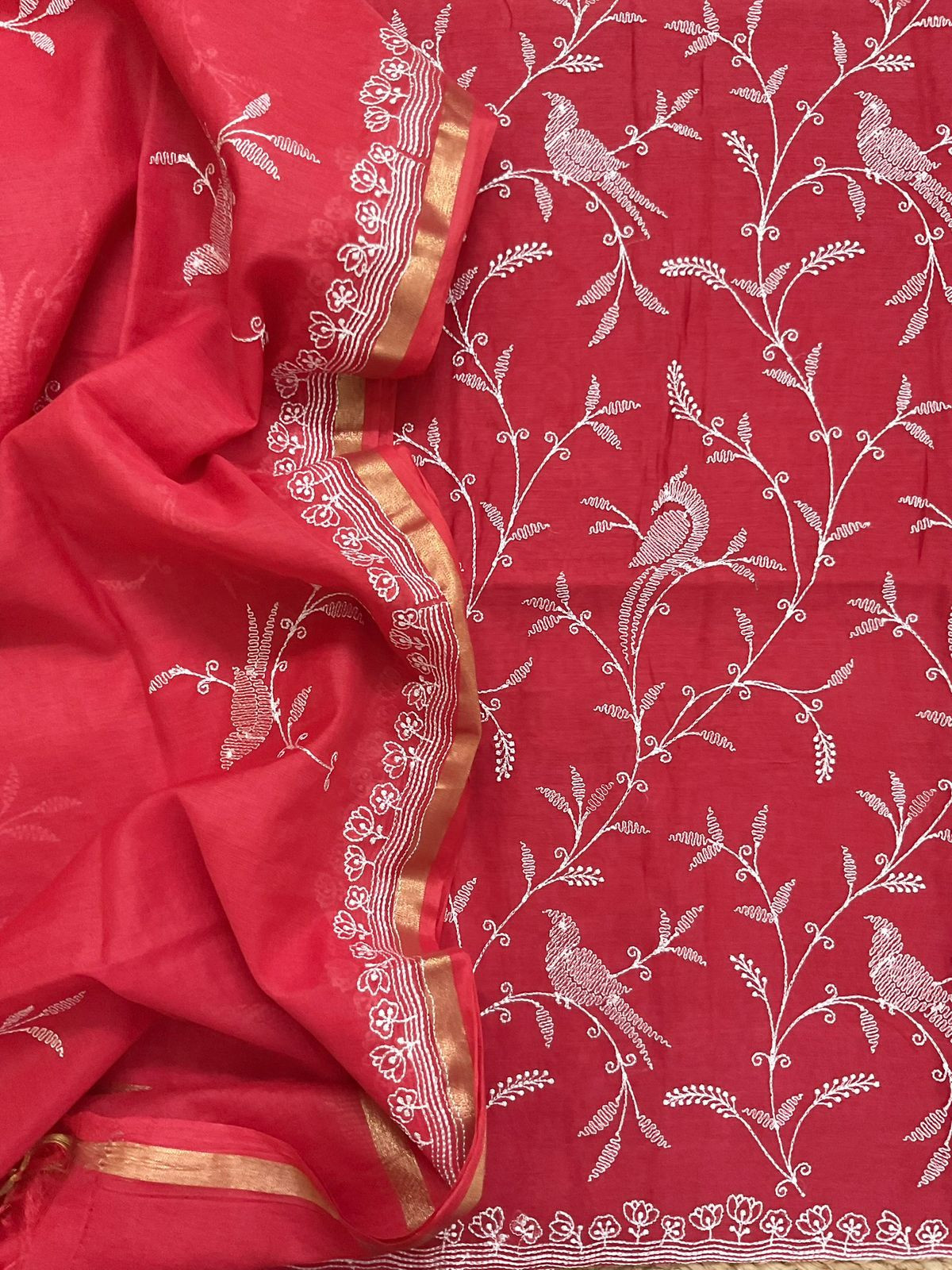 Pure Chanderi Embroidered Suit - Red