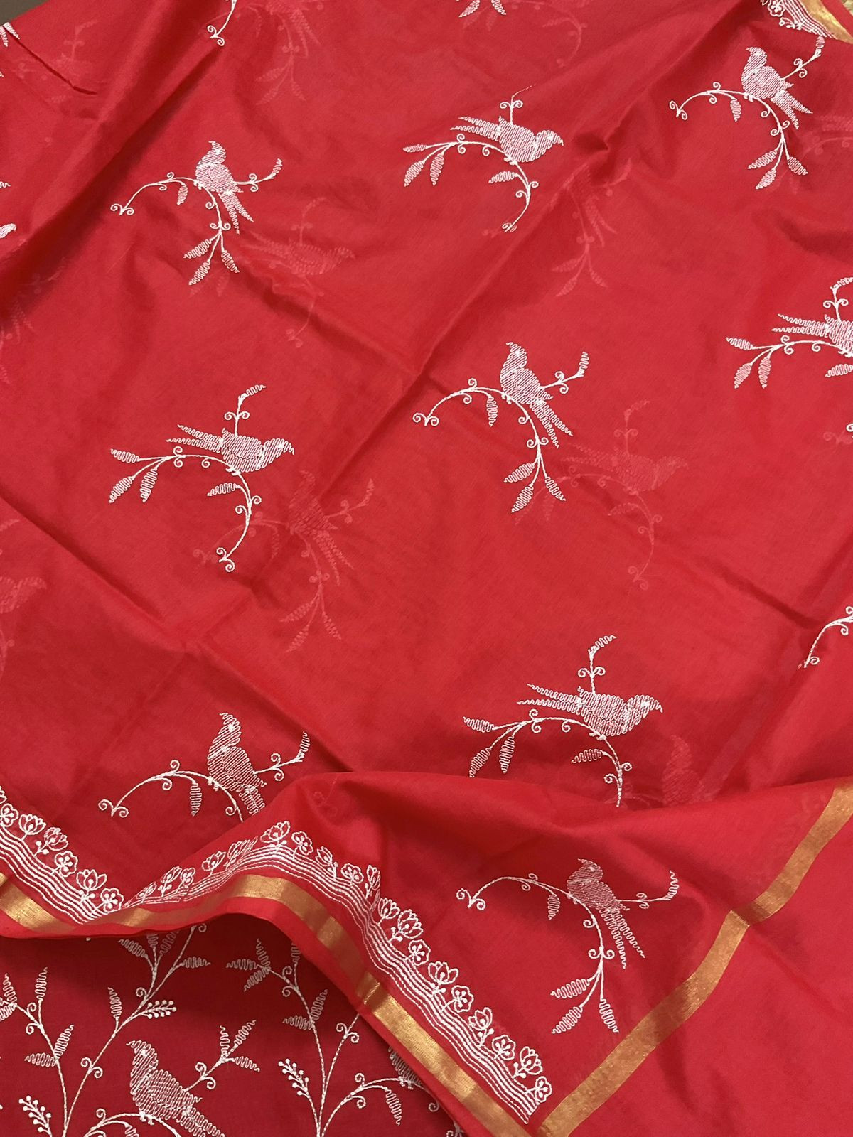 Pure Chanderi Embroidered Suit - Red
