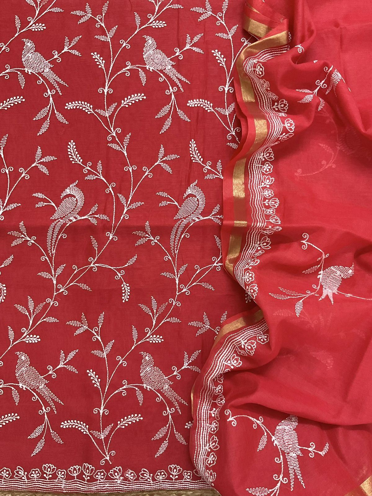 Pure Chanderi Embroidered Suit - Red