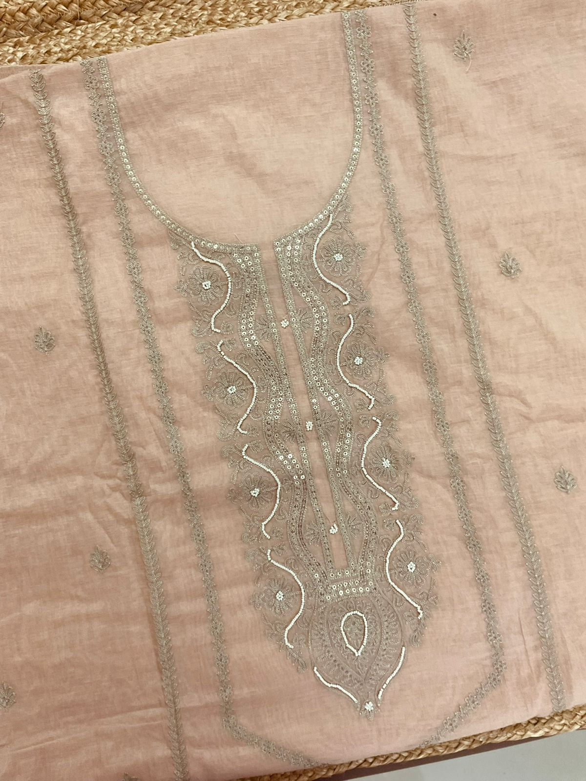 Pure Chanderi Embroidered Suit - Peachish Beige