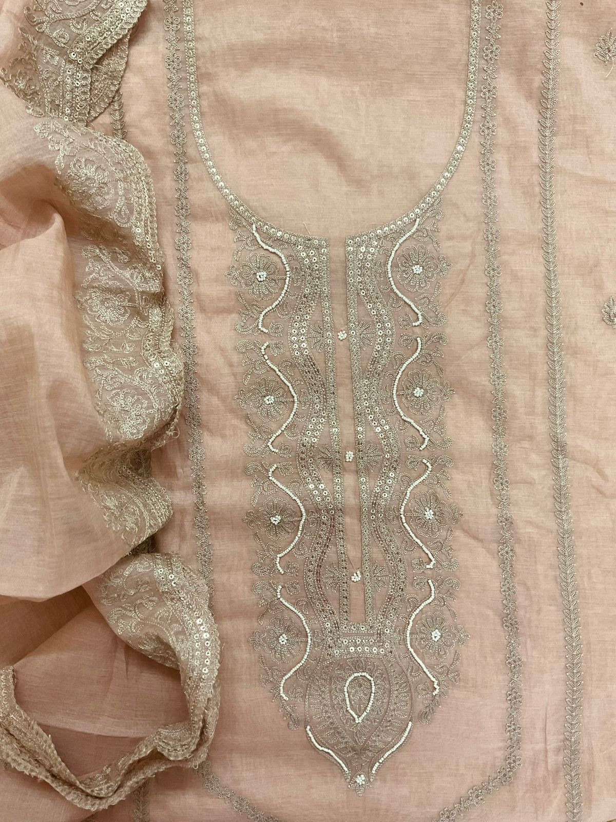 Pure Chanderi Embroidered Suit - Peachish Beige