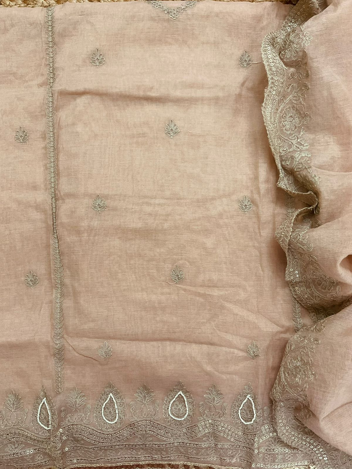 Pure Chanderi Embroidered Suit - Peachish Beige