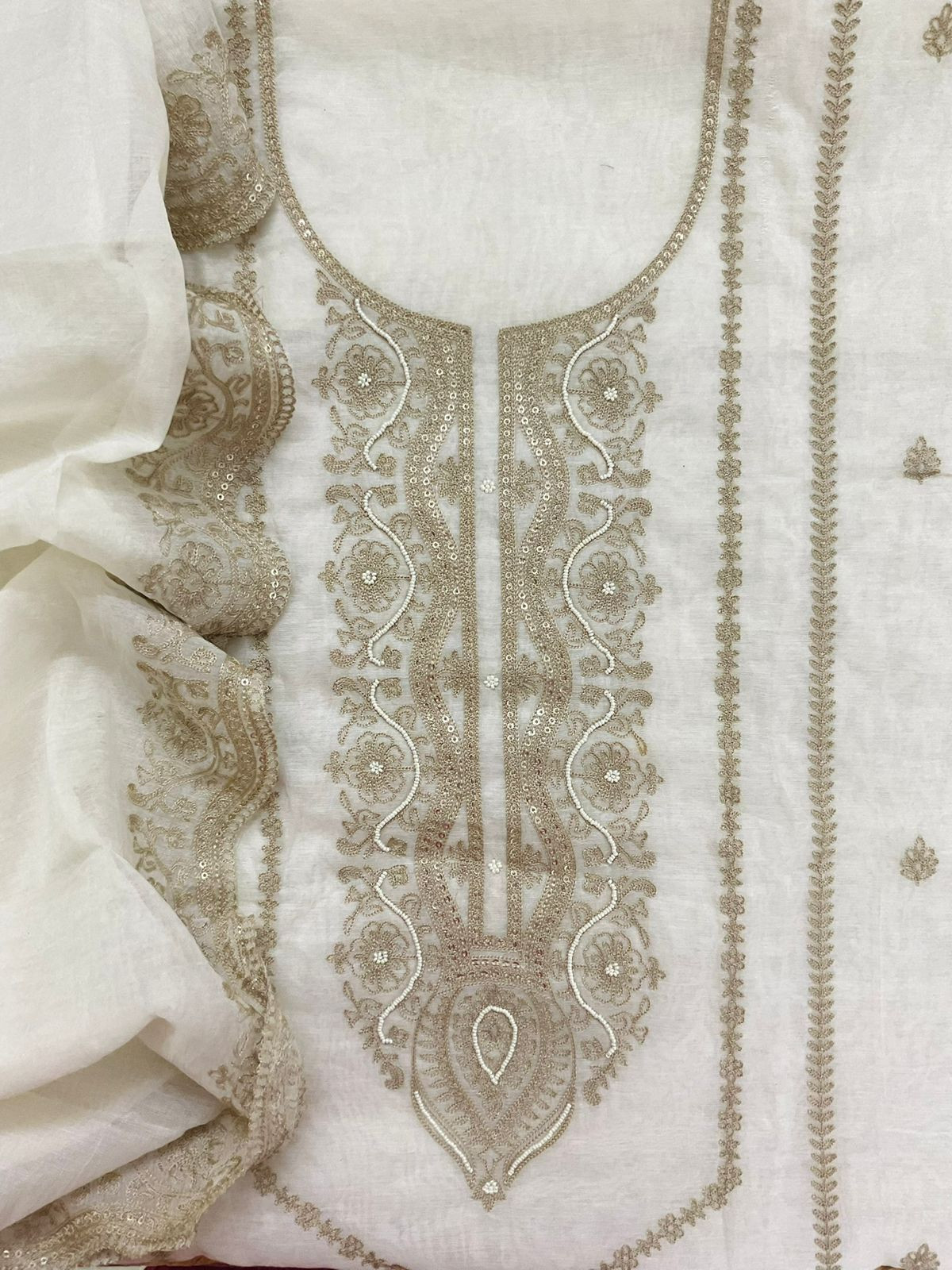 Pure Chanderi Embroidered Suit - Off White