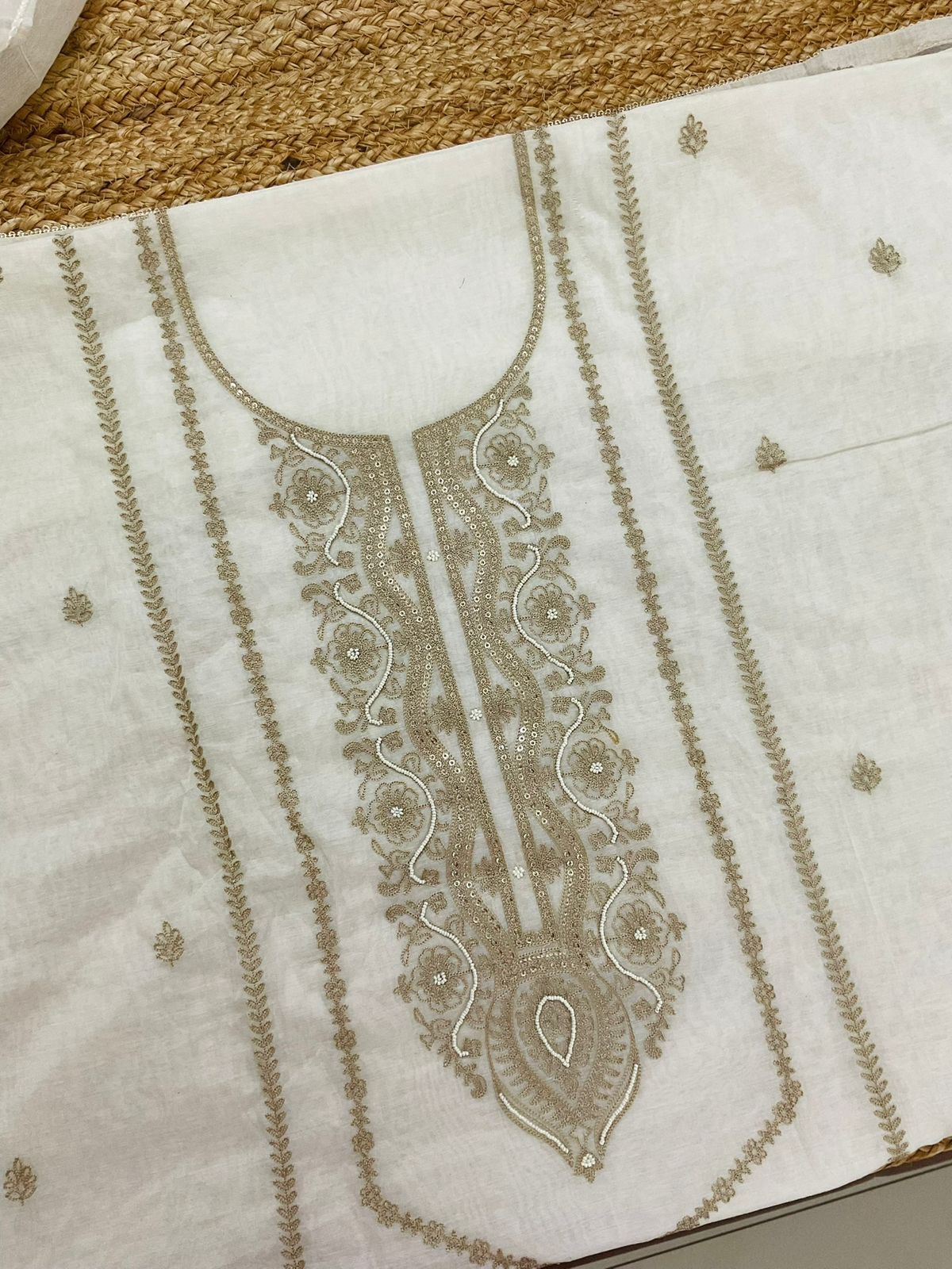 Pure Chanderi Embroidered Suit - Off White
