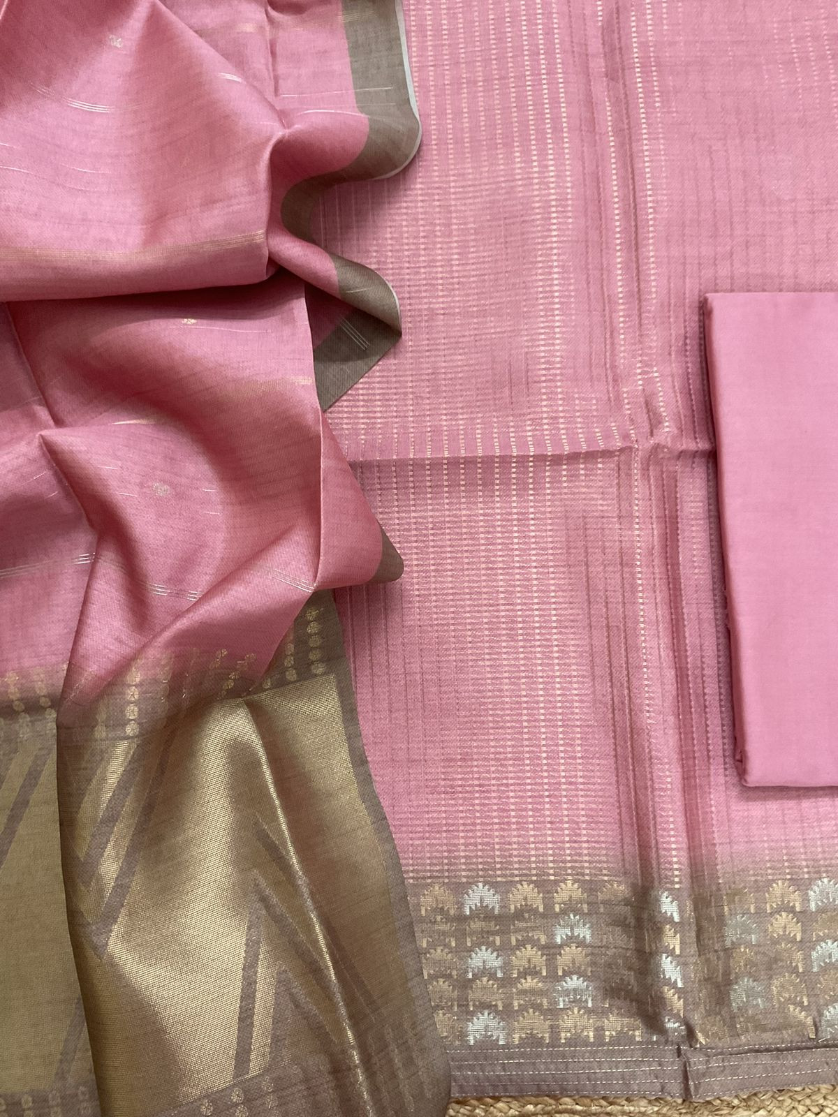 Soft Kora Chanderi Banarasi Weaved Suit - Pink