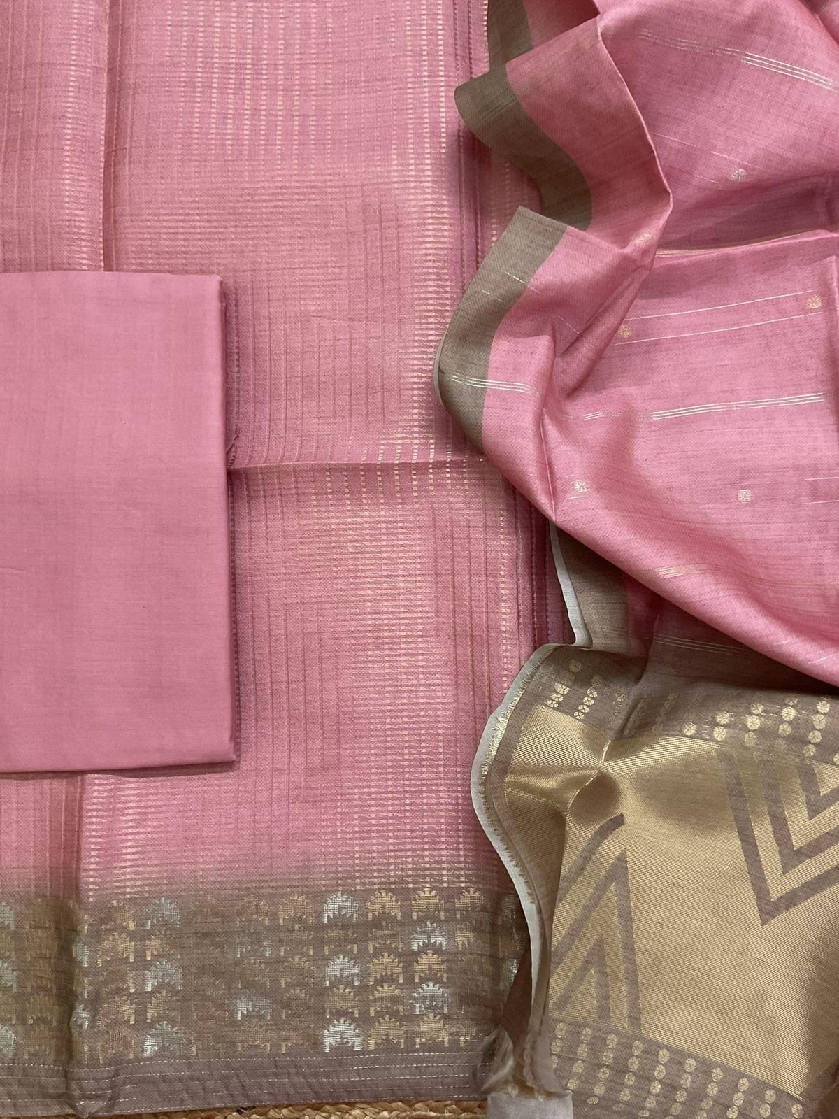 Soft Kora Chanderi Banarasi Weaved Suit - Pink