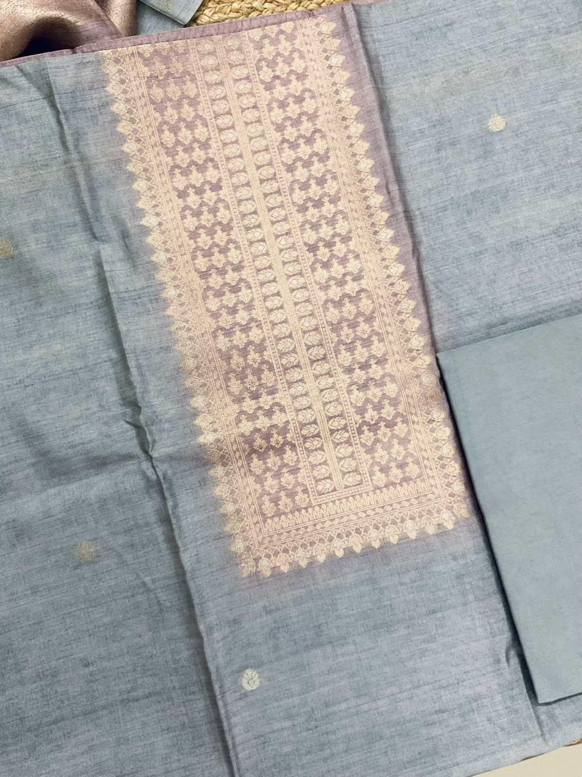 Soft Semi Tussar Silk Jamdani Weaved Suit - Grey