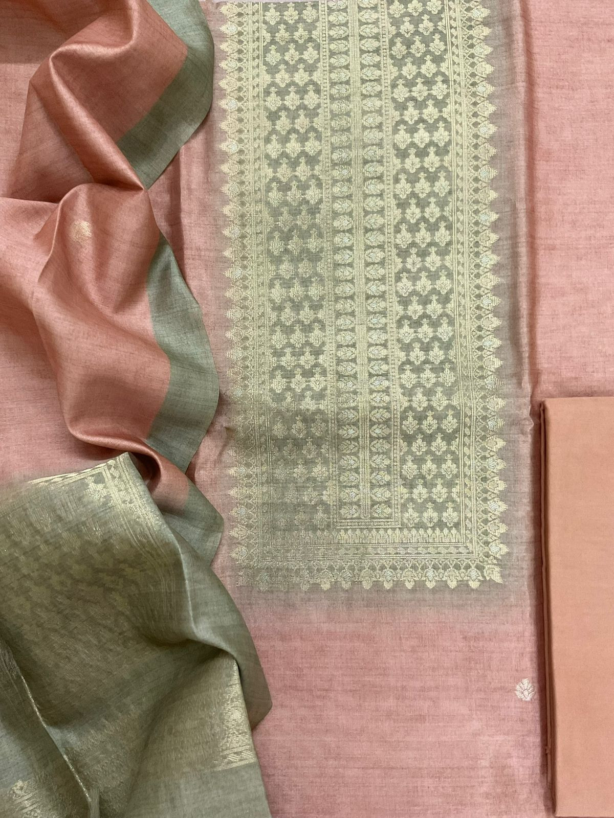 Soft Semi Tussar Silk Jamdani Weaved Suit - Peach
