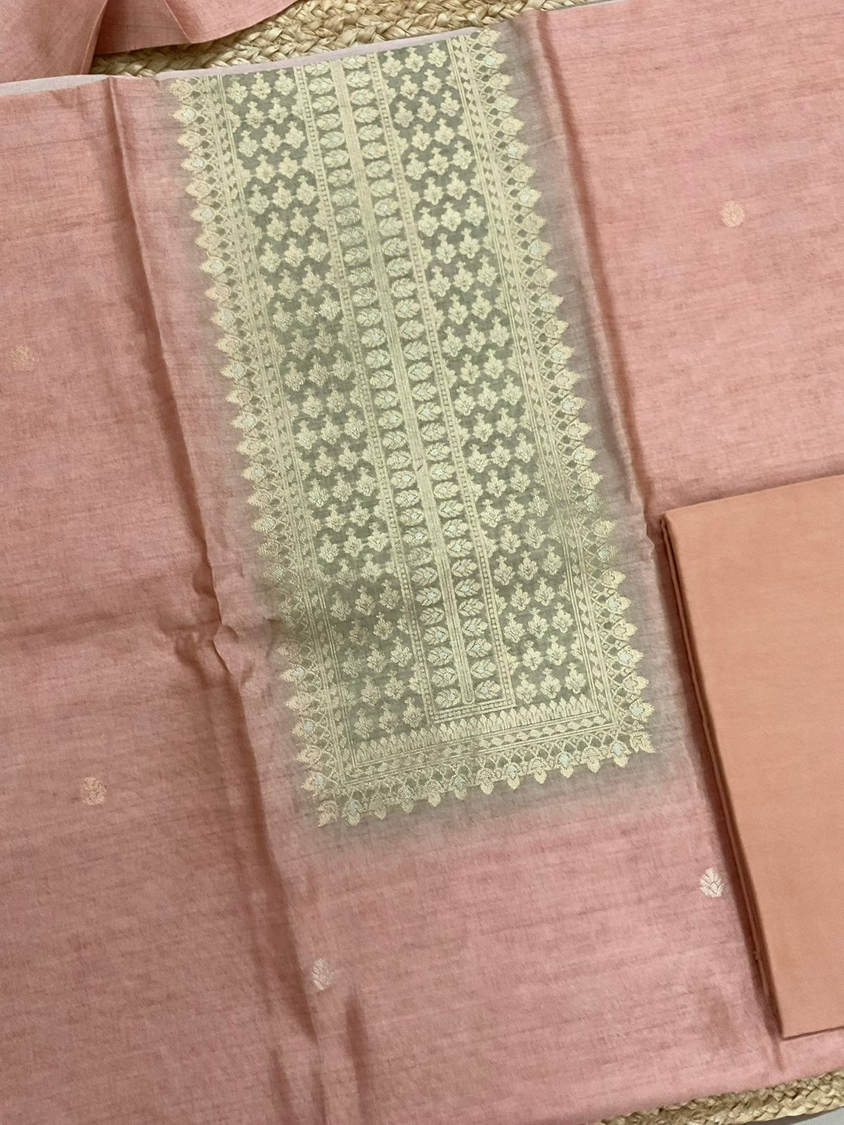 Soft Semi Tussar Silk Jamdani Weaved Suit - Peach