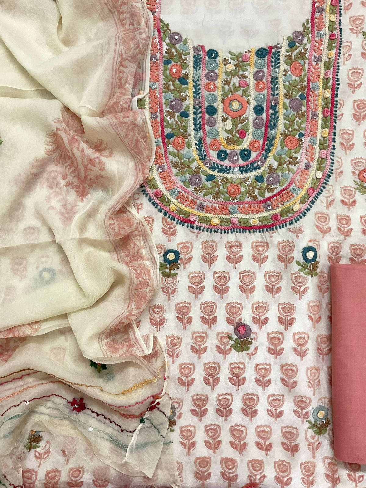Pure Muslin Printed Embroidered Suit - Cream