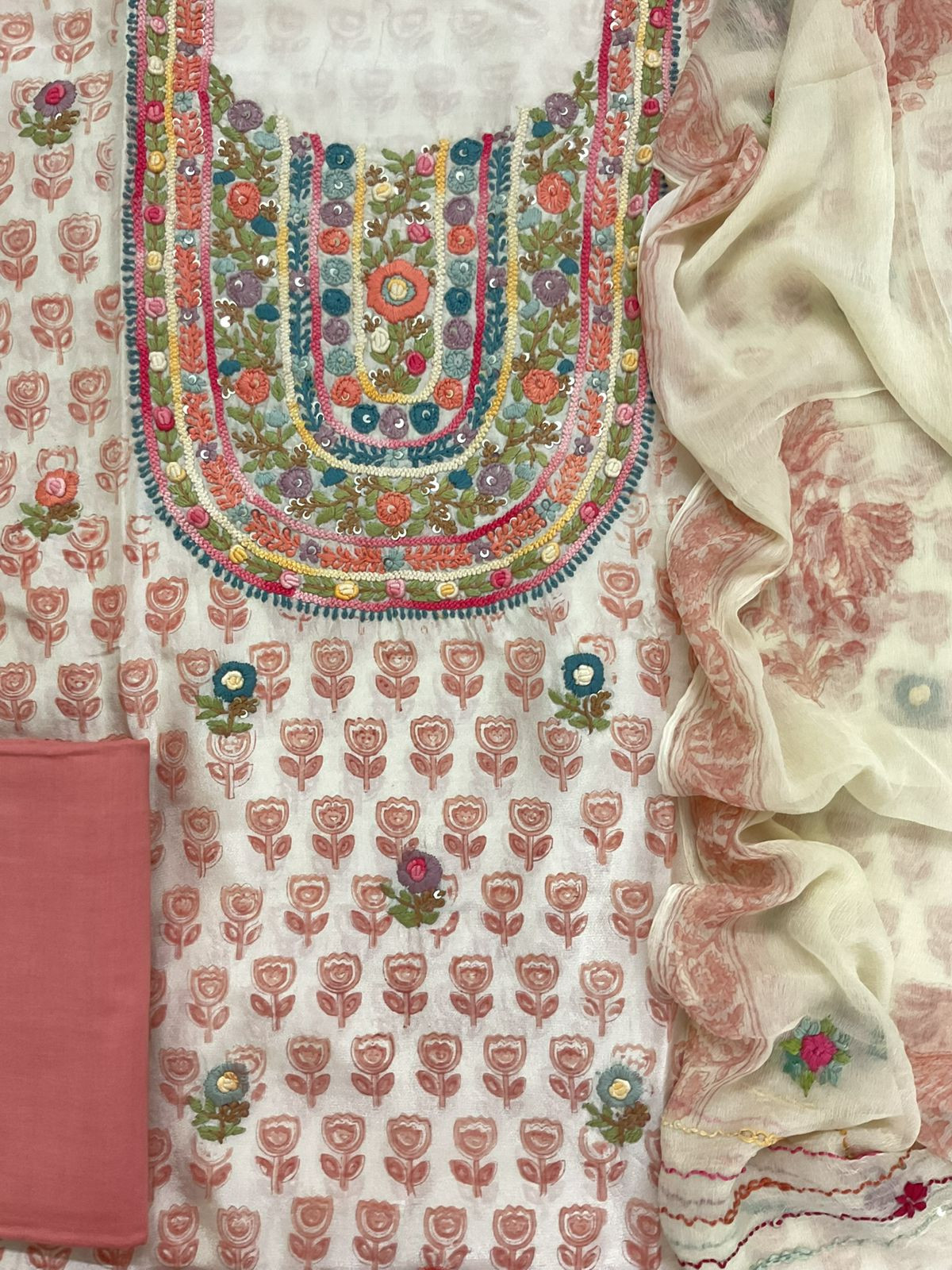 Pure Muslin Printed Embroidered Suit - Cream