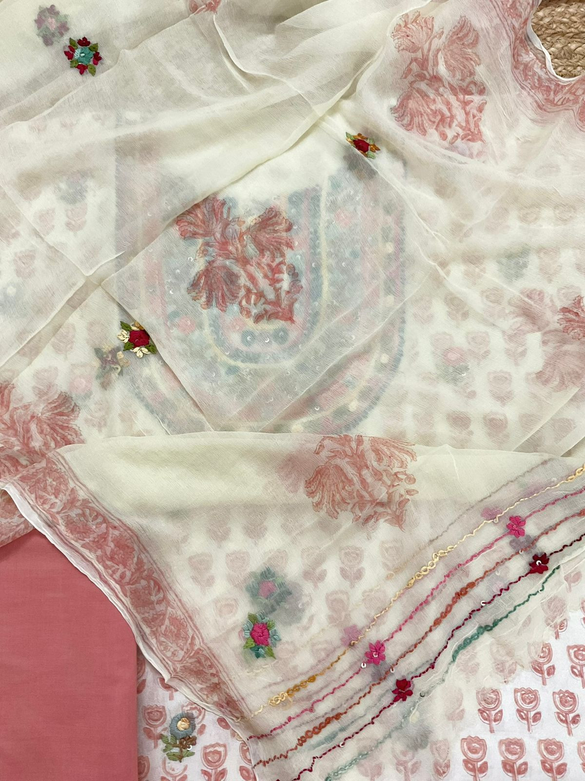 Pure Muslin Printed Embroidered Suit - Cream