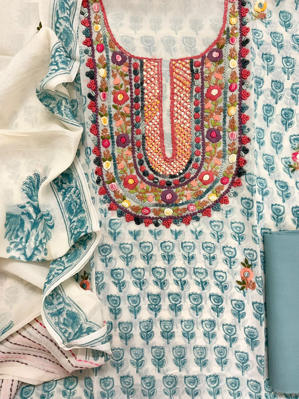 Pure Organza Printed Embroidered Suit - Cream