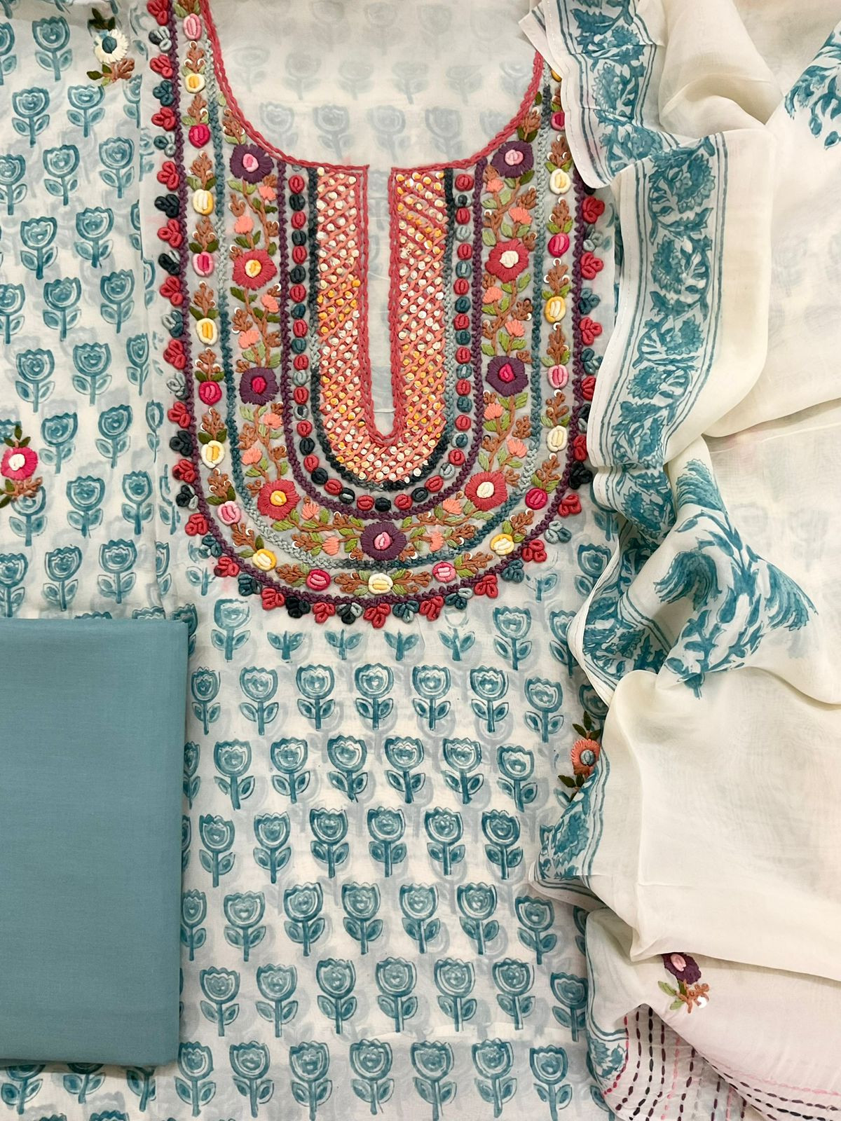 Pure Organza Printed Embroidered Suit - Cream