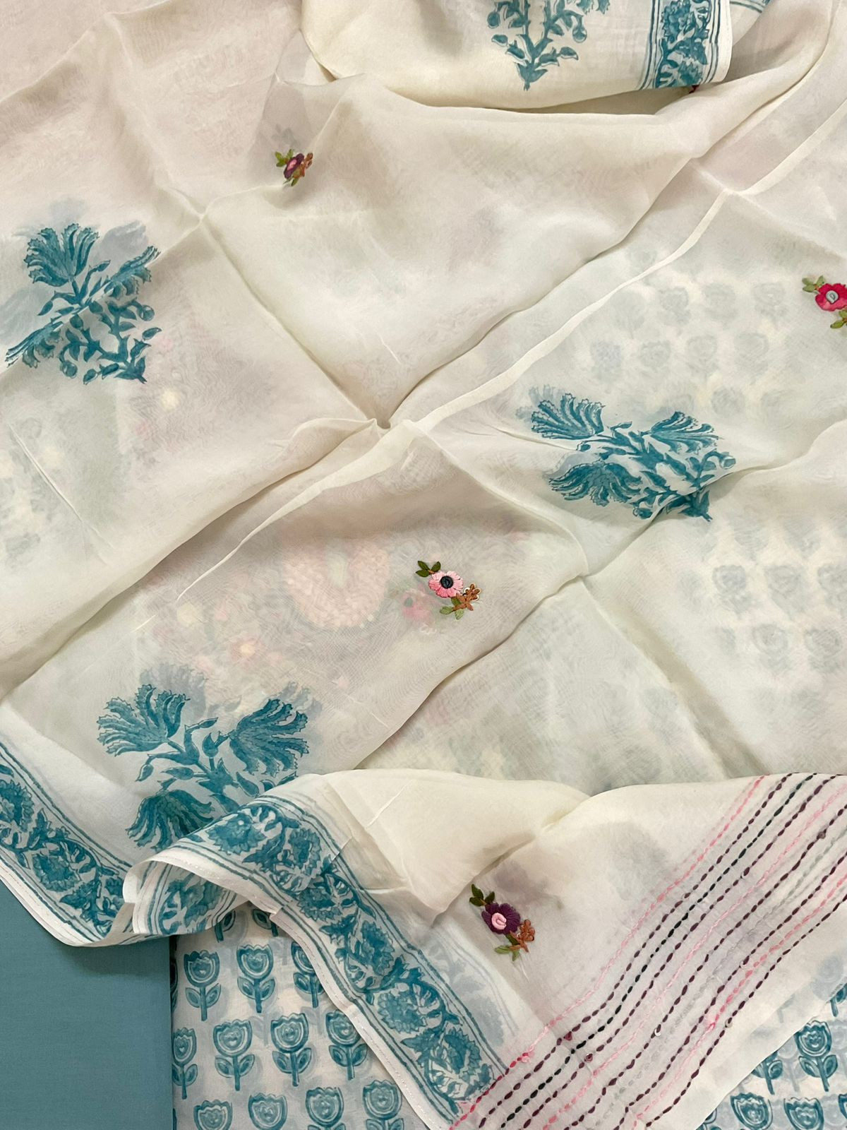 Pure Organza Printed Embroidered Suit - Cream