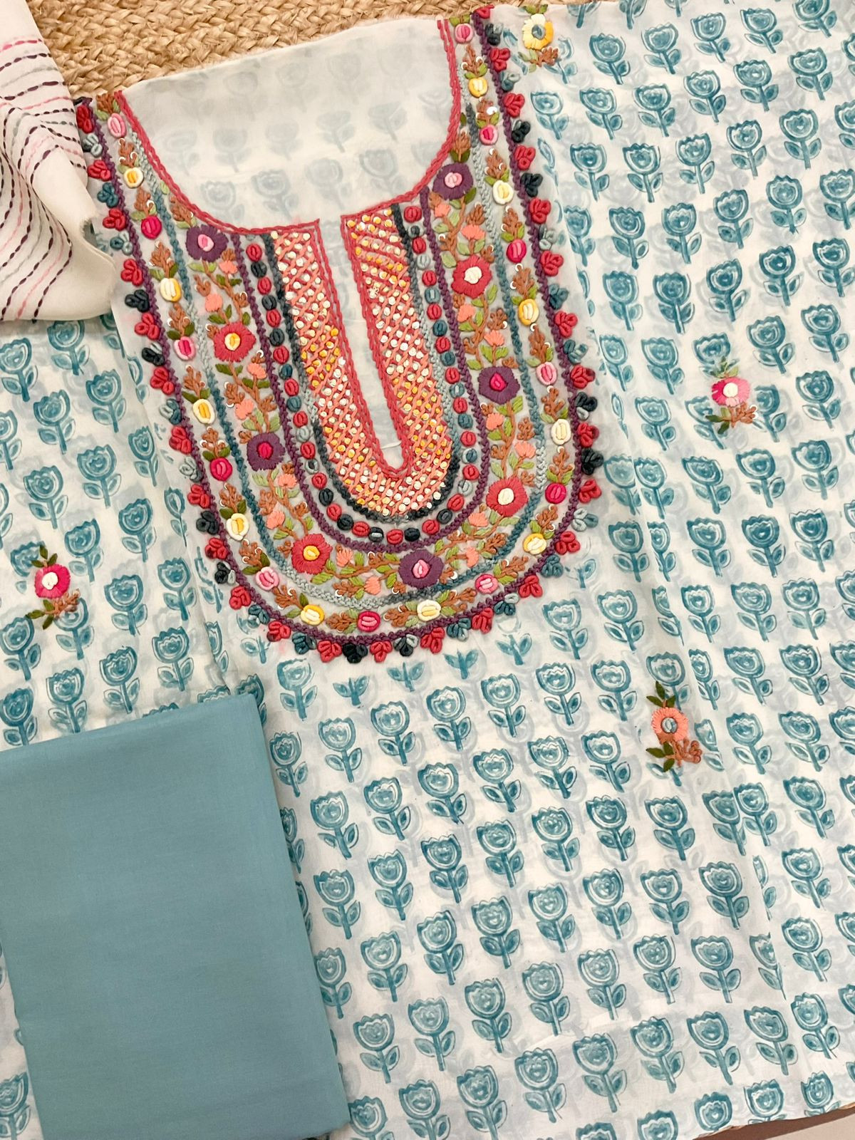 Pure Organza Printed Embroidered Suit - Cream