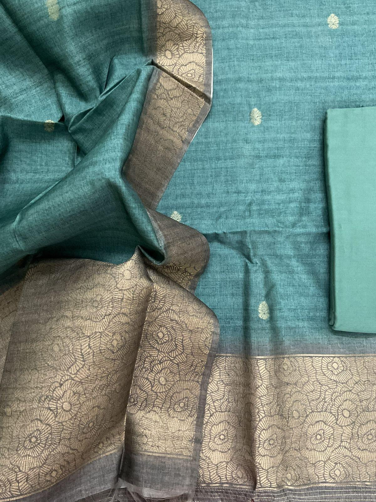 Soft Semi Tussar Silk Jamdani Weaved Suit - Blue