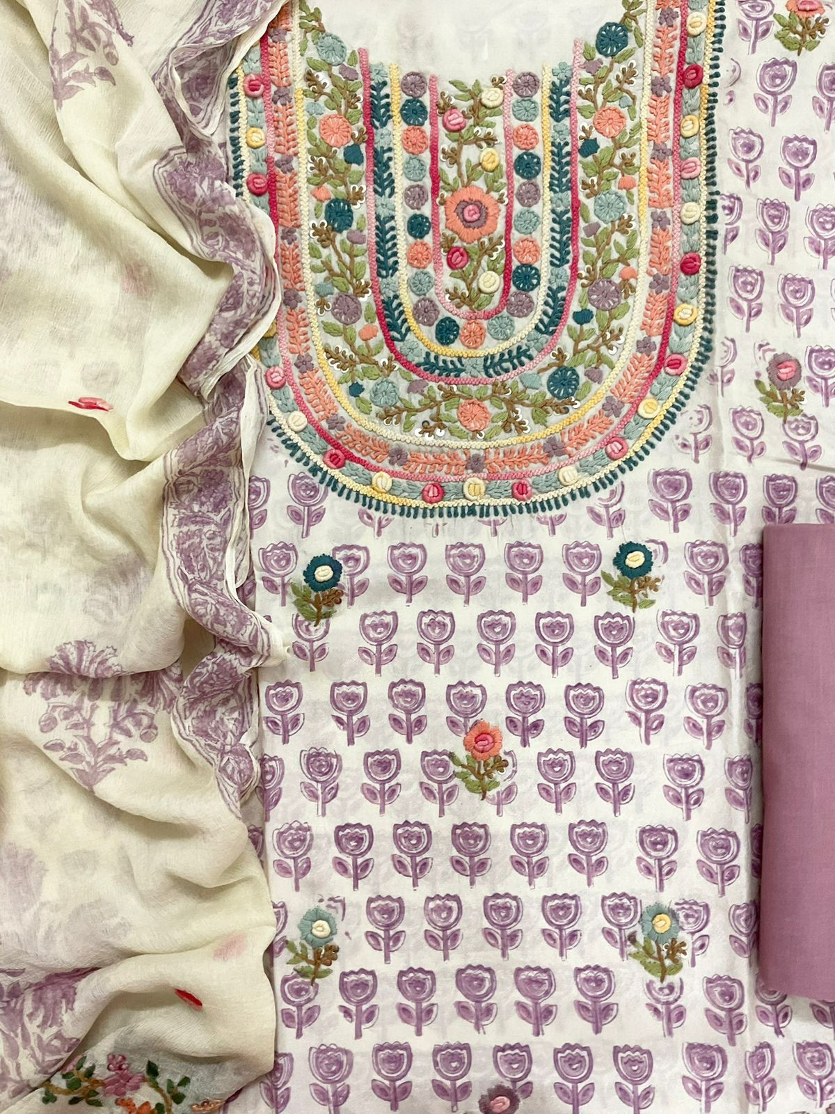 Pure Muslin Printed Embroidered Suit - Cream