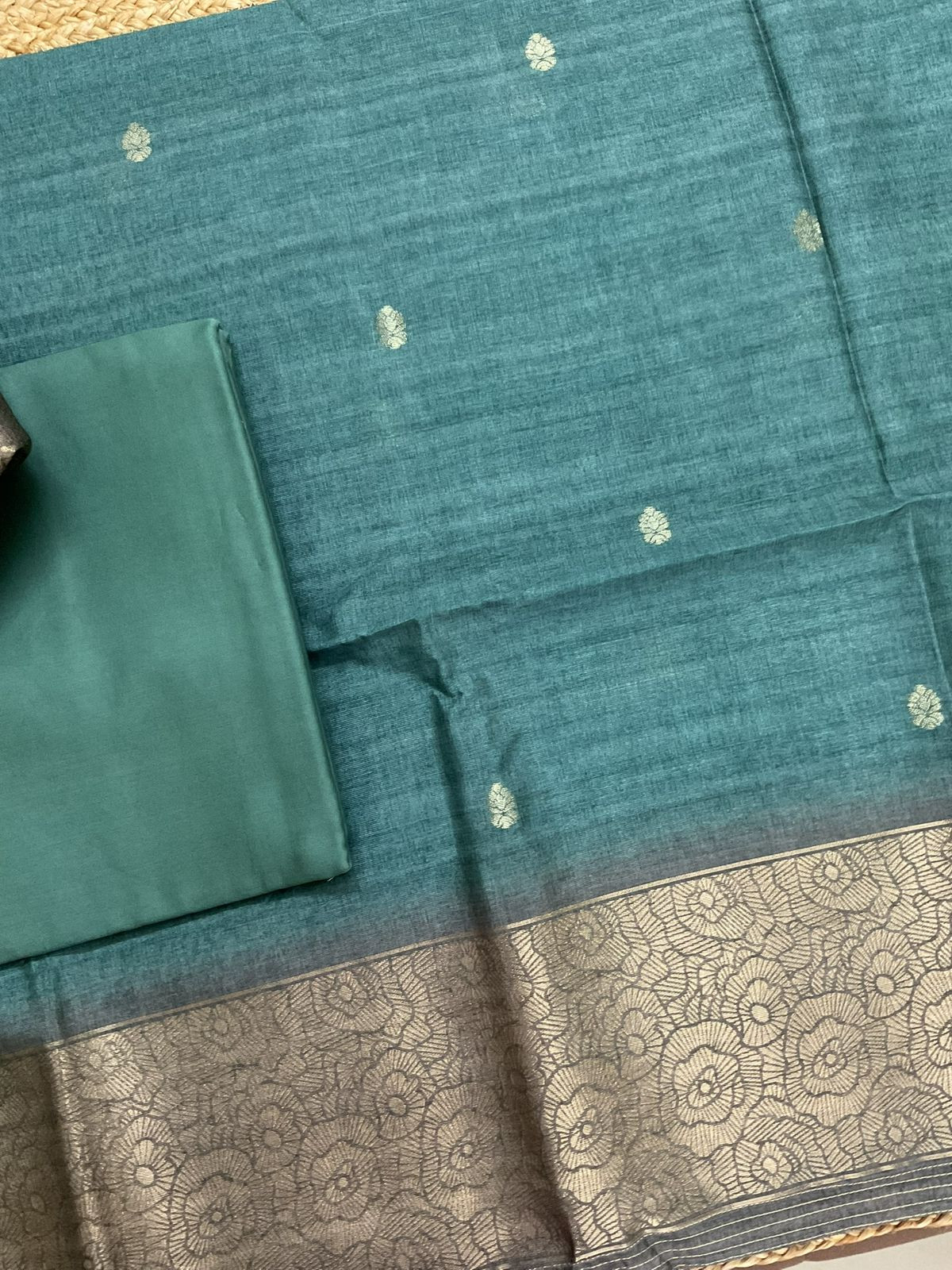 Soft Semi Tussar Silk Jamdani Weaved Suit - Blue