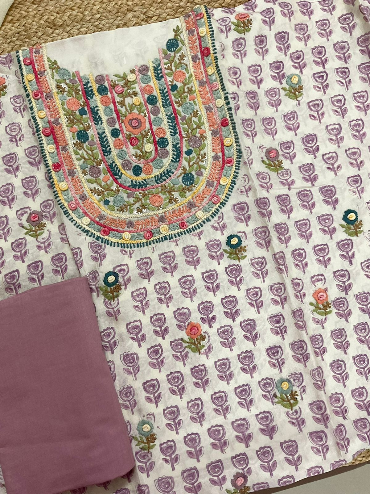 Pure Muslin Printed Embroidered Suit - Cream