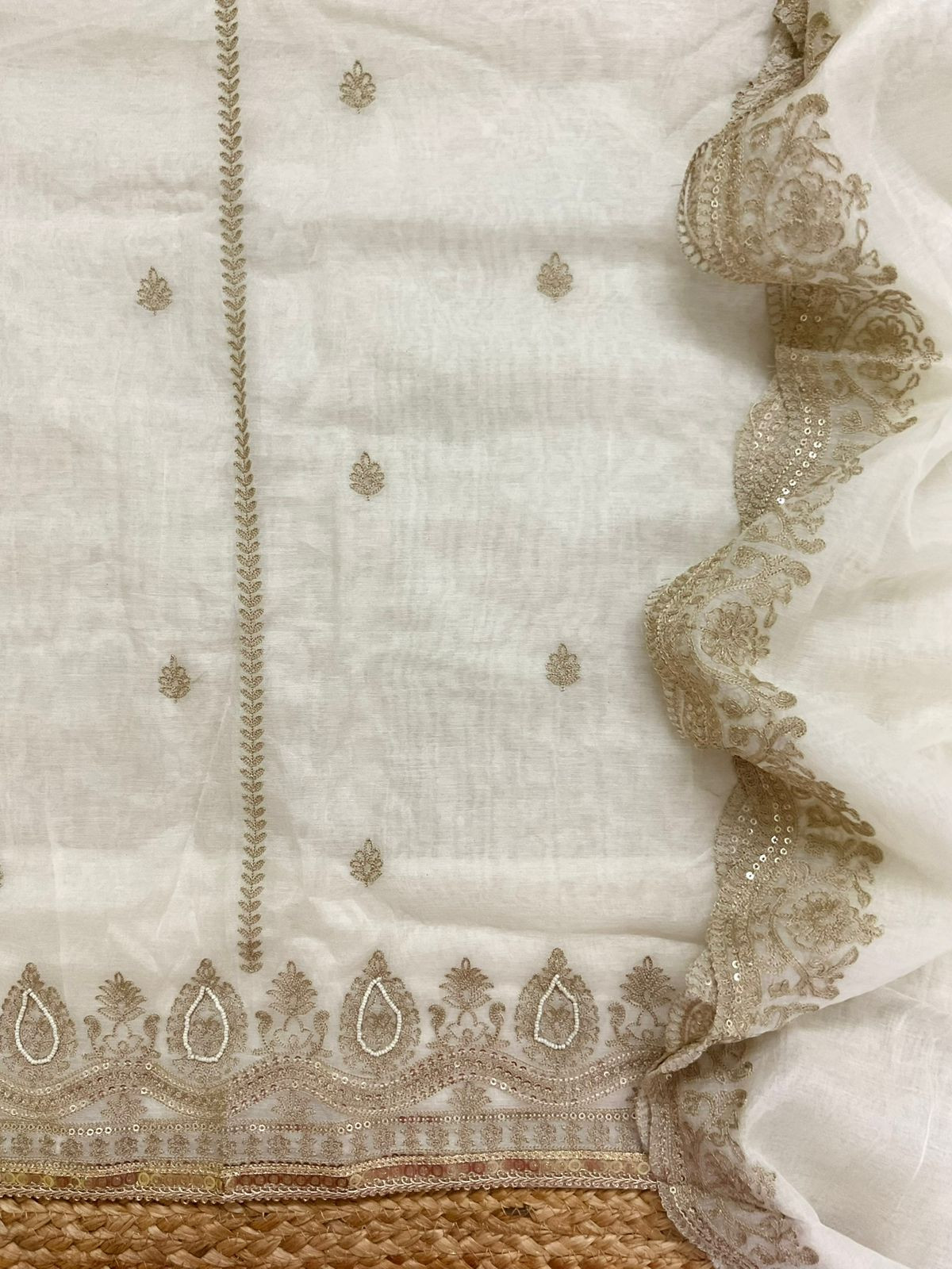 Pure Chanderi Embroidered Suit - Off White