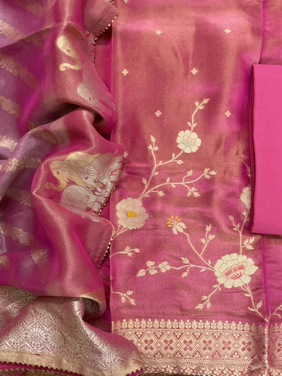Pure Shimmer Silk Banarasi Weaved Suit - Pink