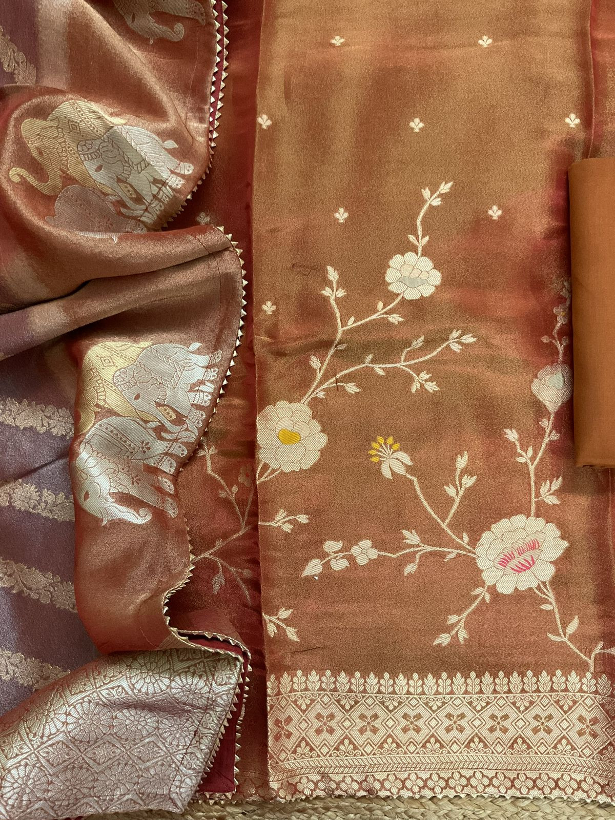 Pure Shimmer Silk Banarasi Weaved Suit - Rust