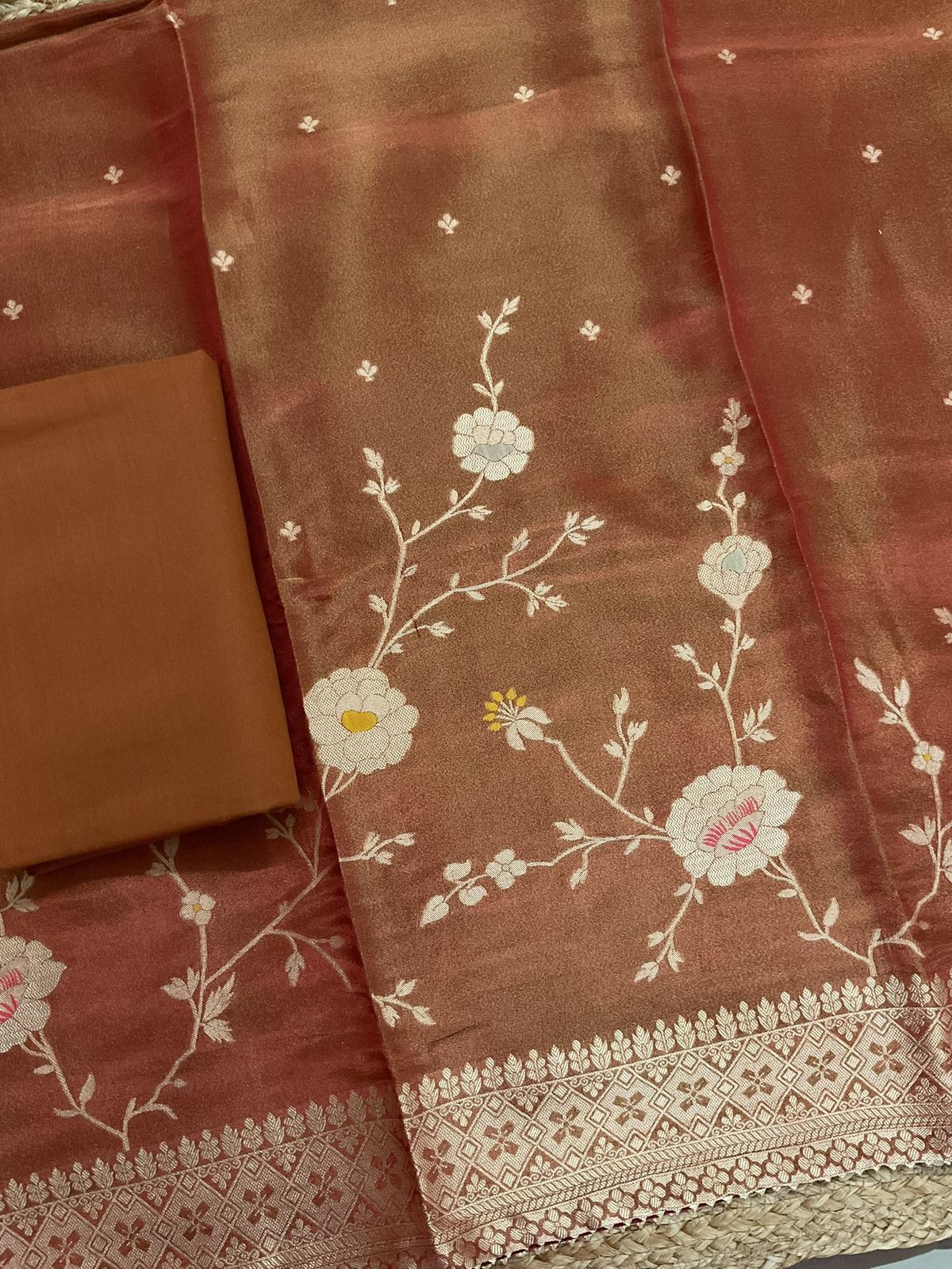 Pure Shimmer Silk Banarasi Weaved Suit - Rust