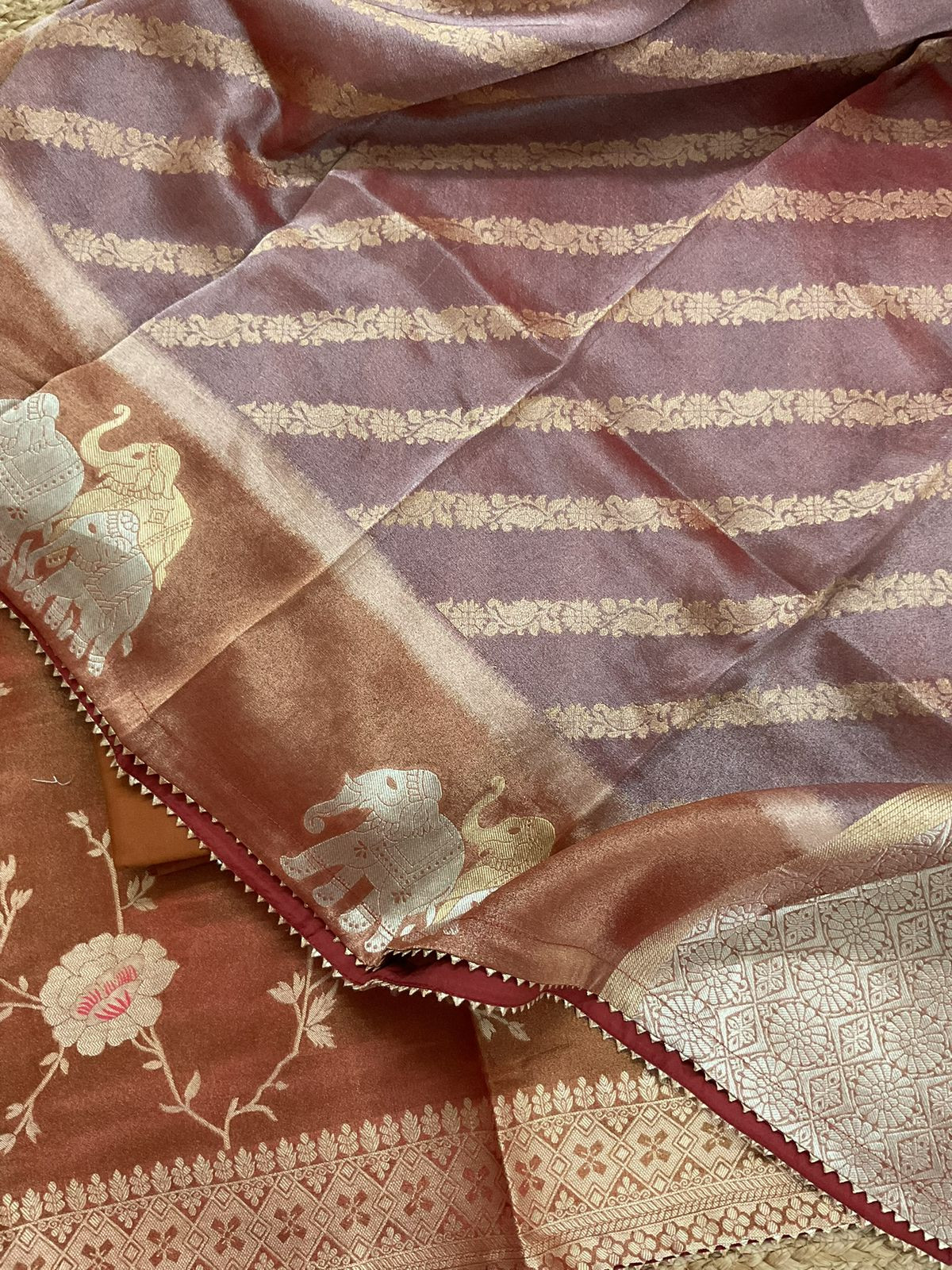 Pure Shimmer Silk Banarasi Weaved Suit - Rust