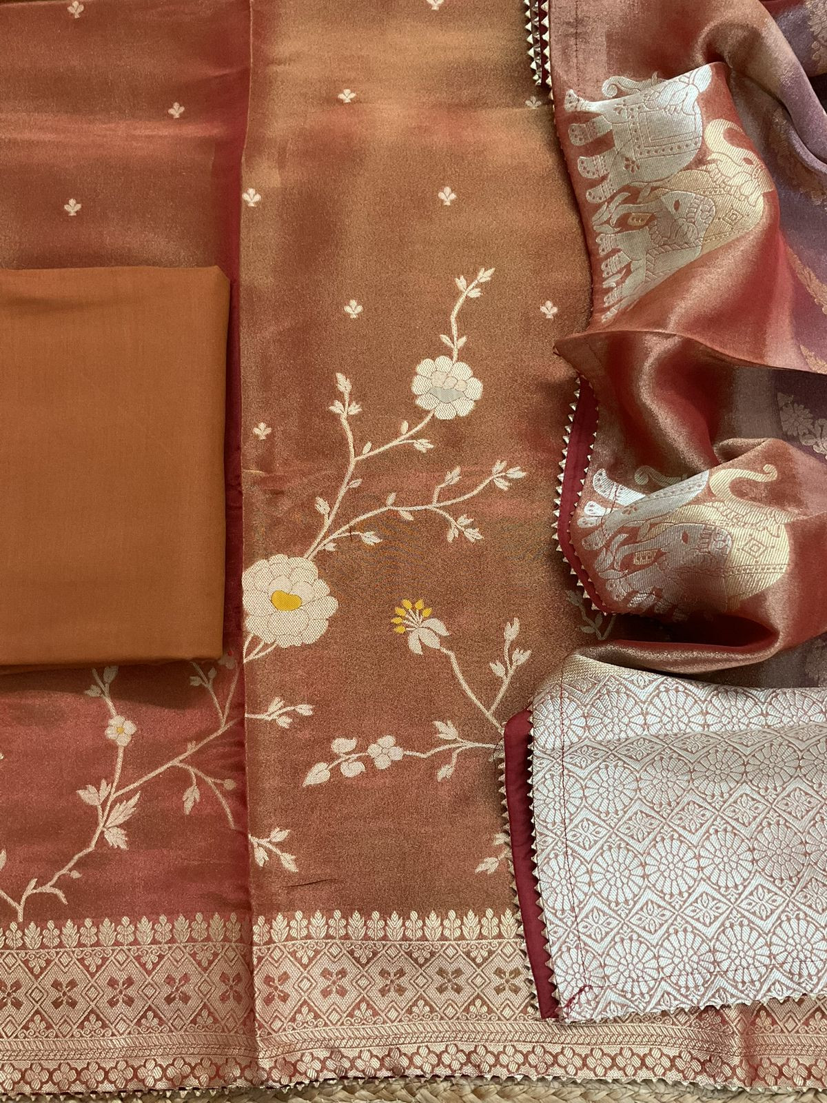 Pure Shimmer Silk Banarasi Weaved Suit - Rust