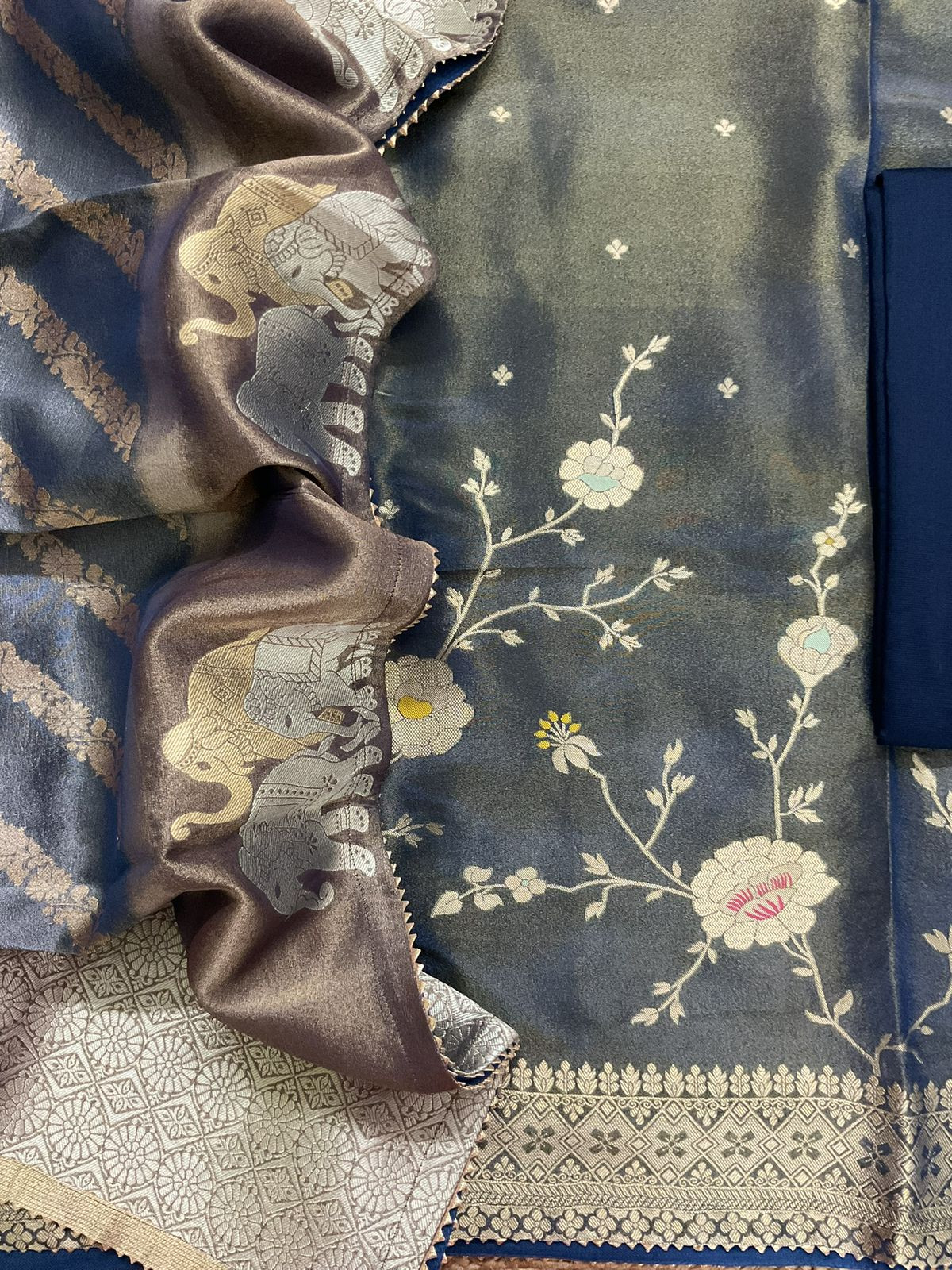 Pure Shimmer Silk Banarasi Weaved Suit - Blue