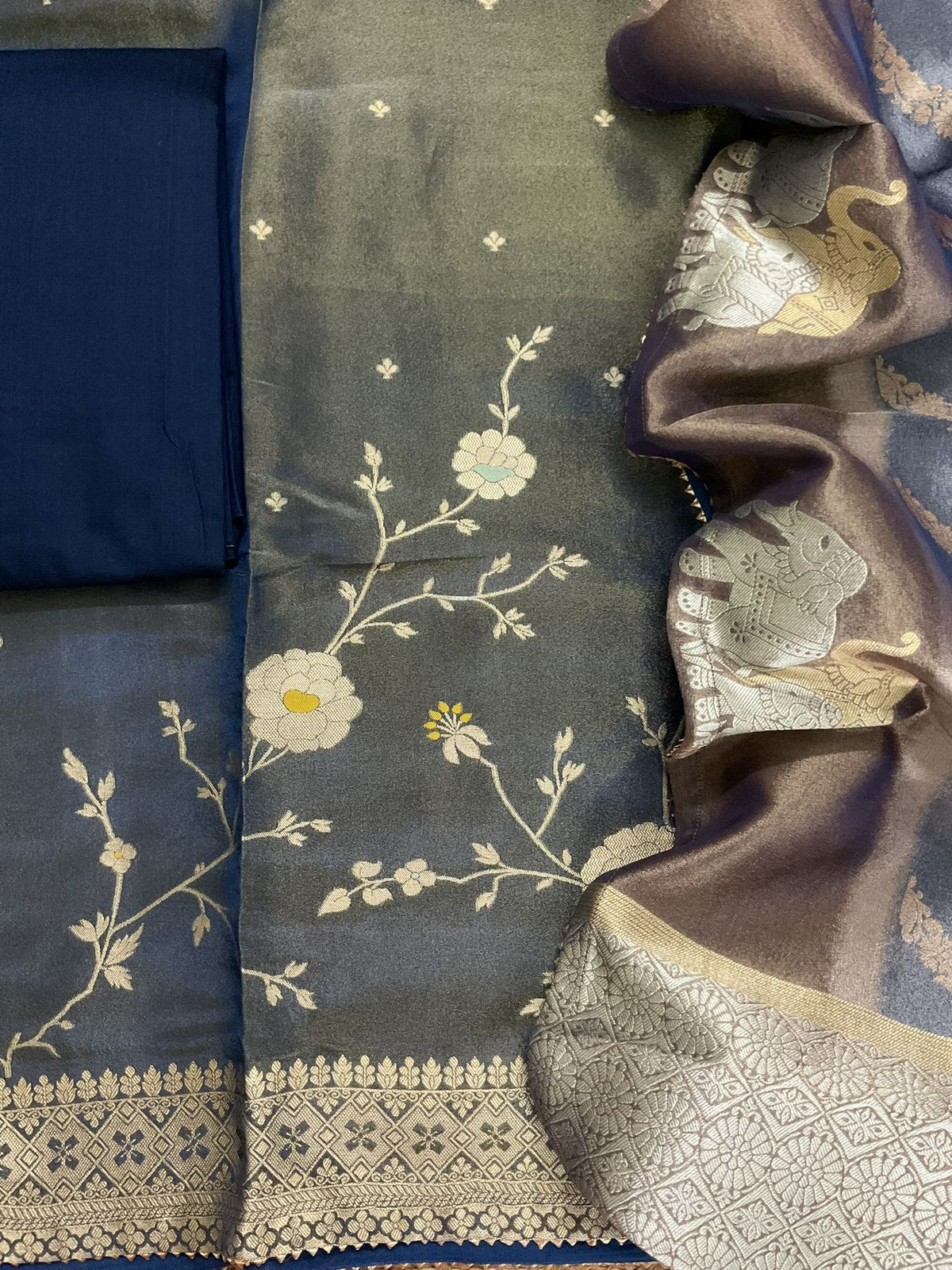 Pure Shimmer Silk Banarasi Weaved Suit - Blue