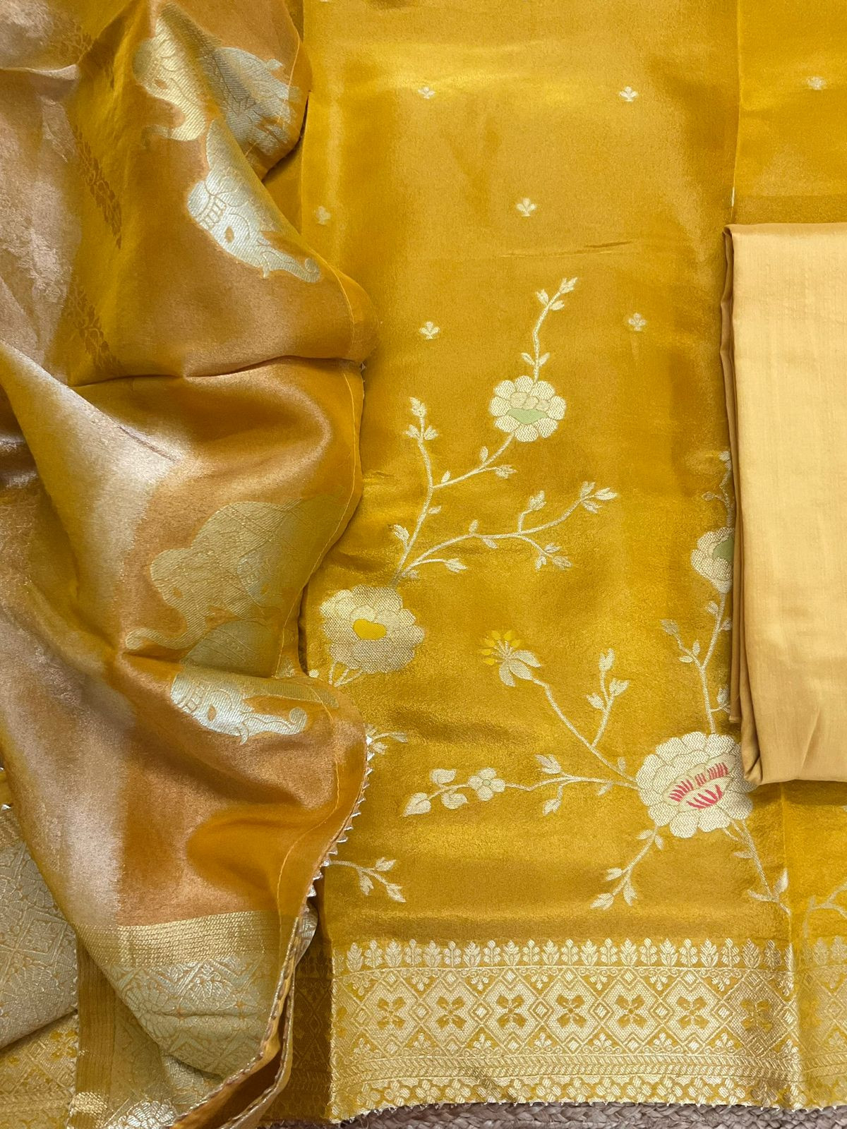 Pure Shimmer Silk Banarasi Weaved Suit - Yellow