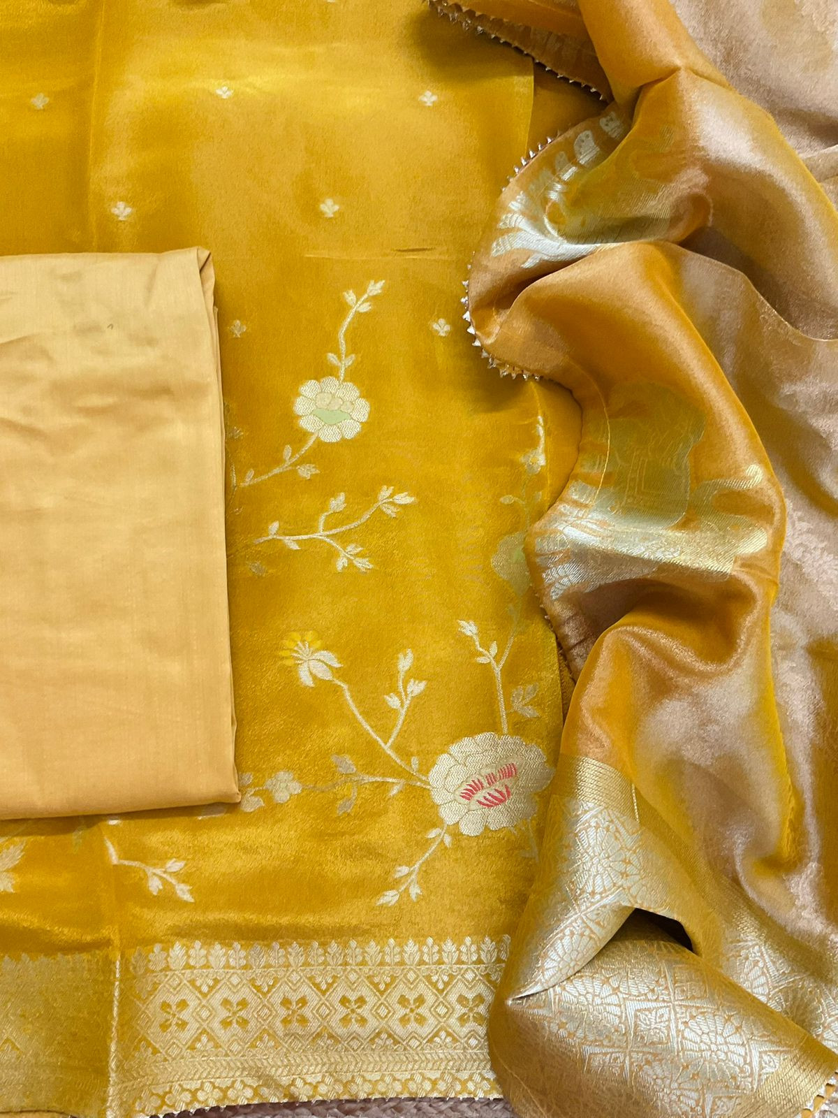 Pure Shimmer Silk Banarasi Weaved Suit - Yellow