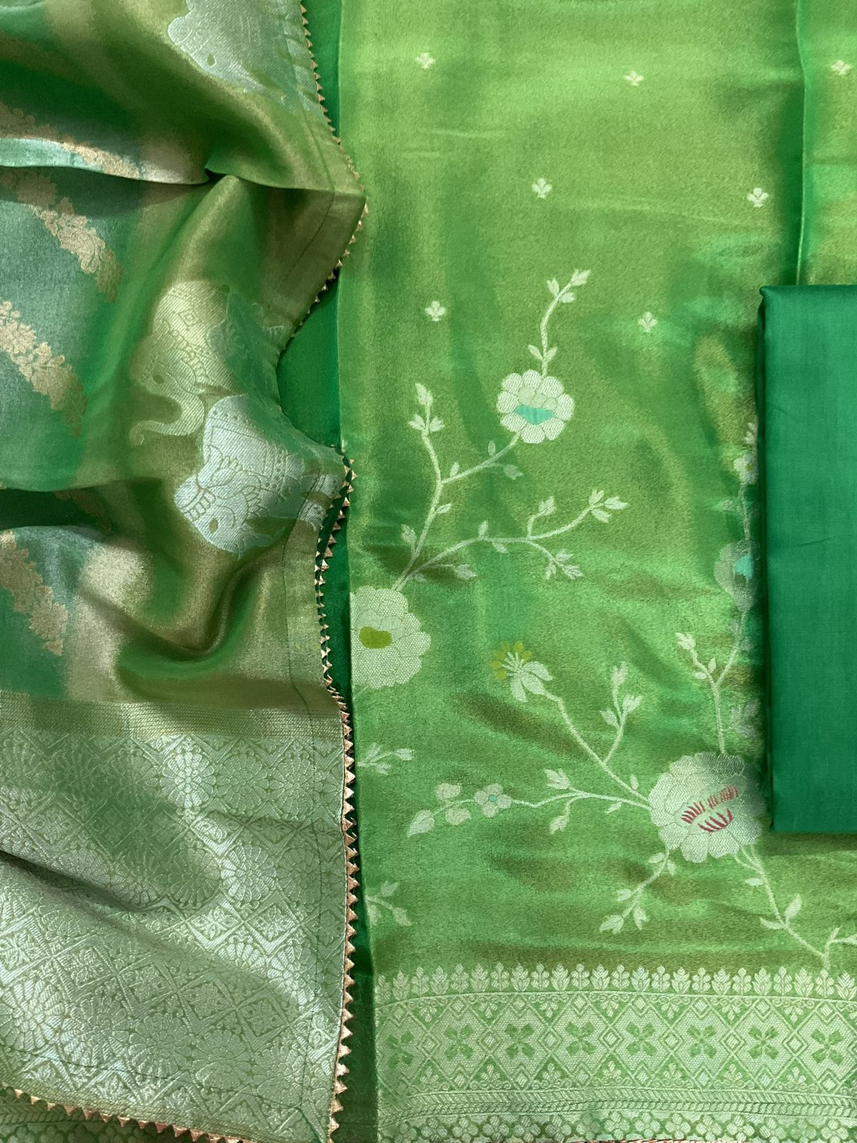 Pure Shimmer Silk Banarasi Weaved Suit - Green