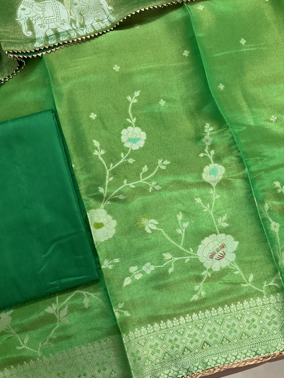 Pure Shimmer Silk Banarasi Weaved Suit - Green