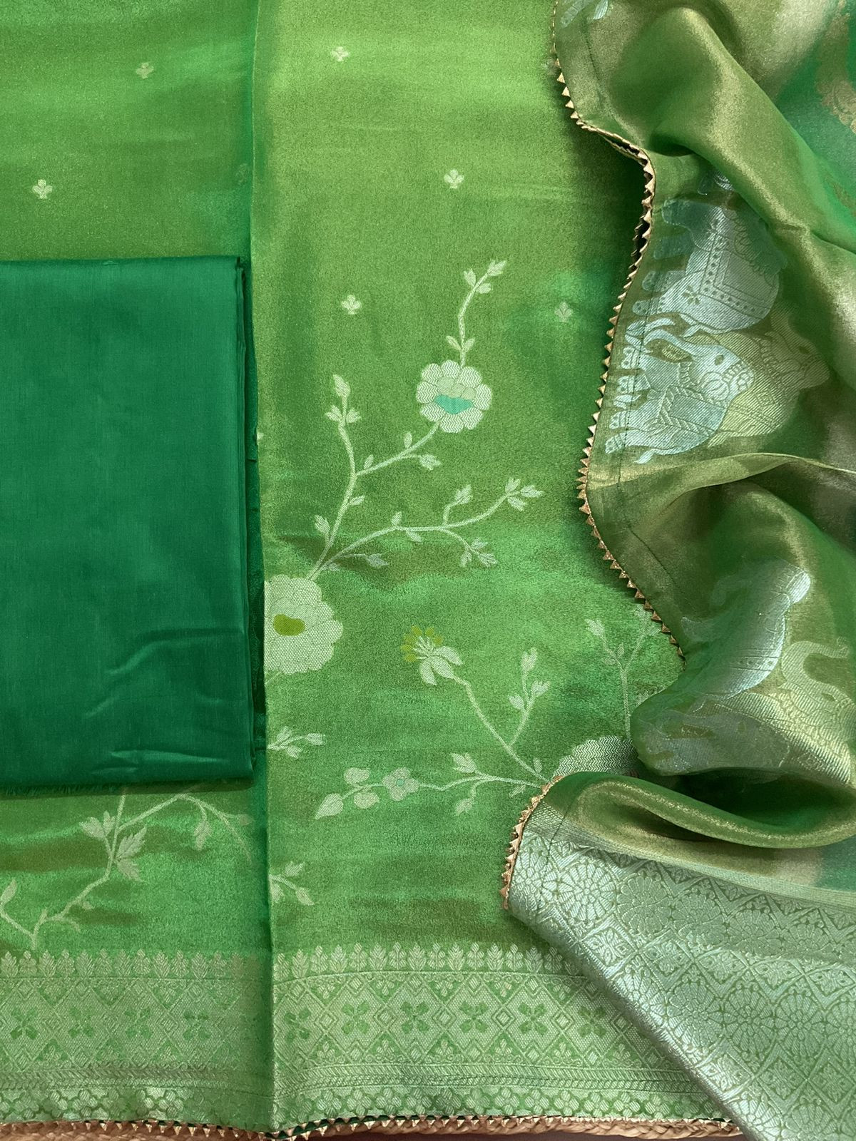 Pure Shimmer Silk Banarasi Weaved Suit - Green