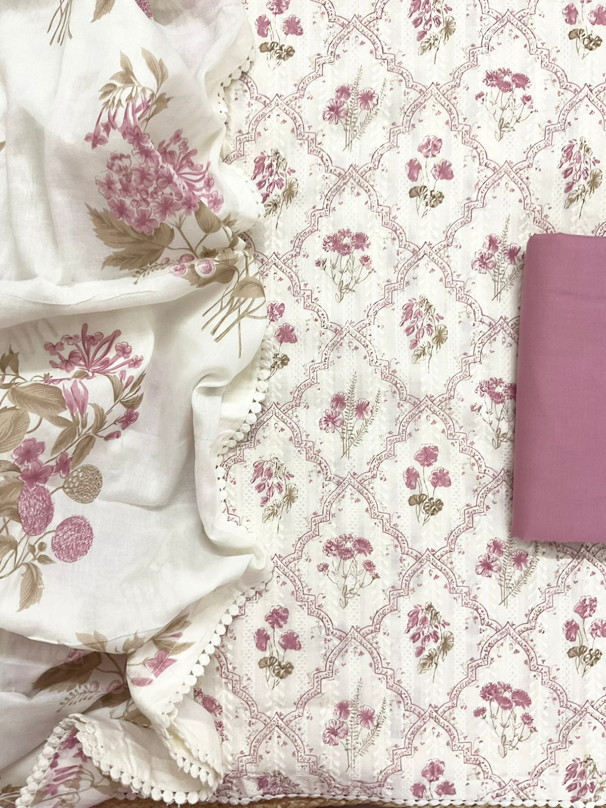 Pure Hakoba Cotton Printed Embroidered Suit - Off White