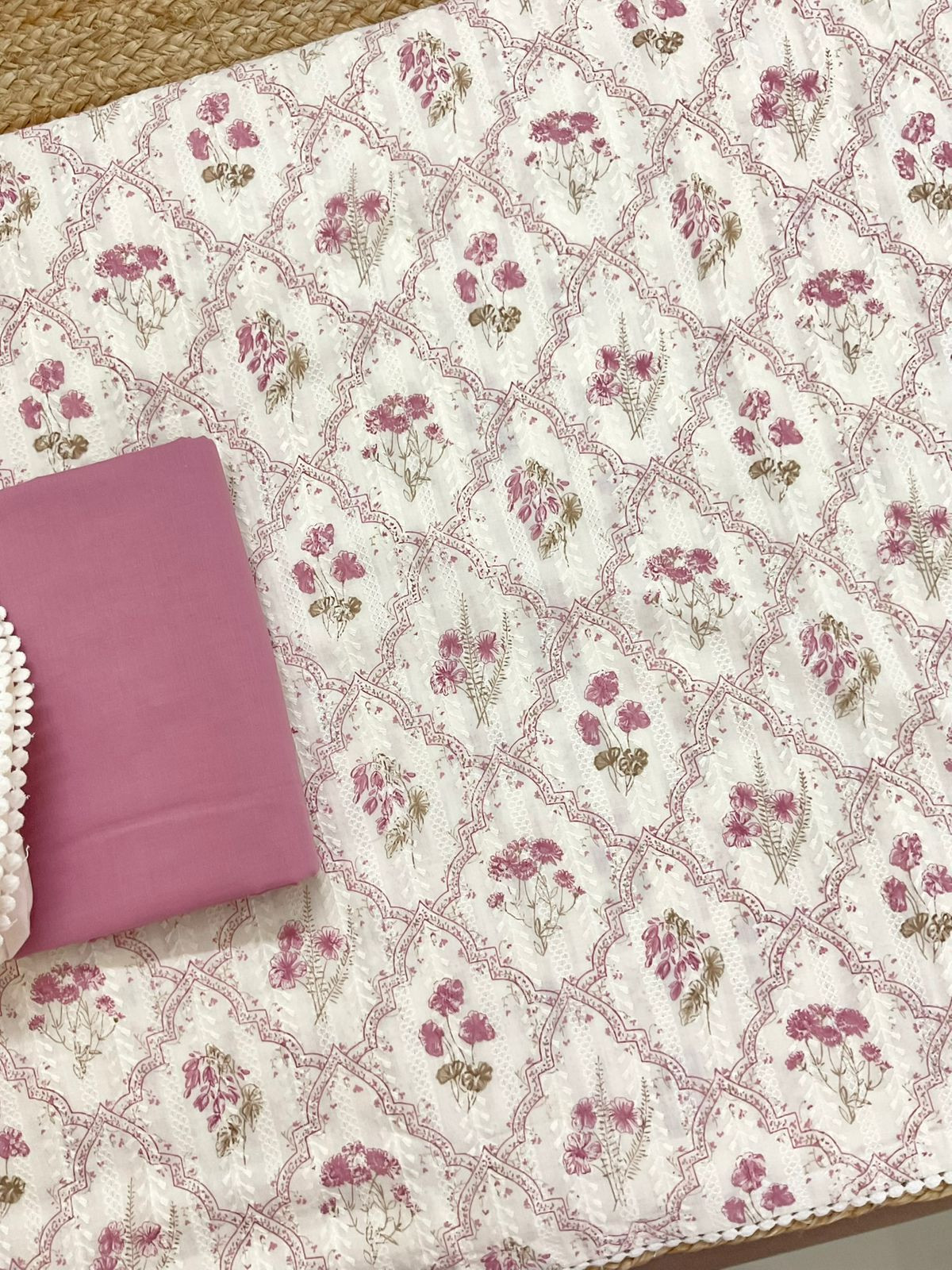 Pure Hakoba Cotton Printed Embroidered Suit - Off White