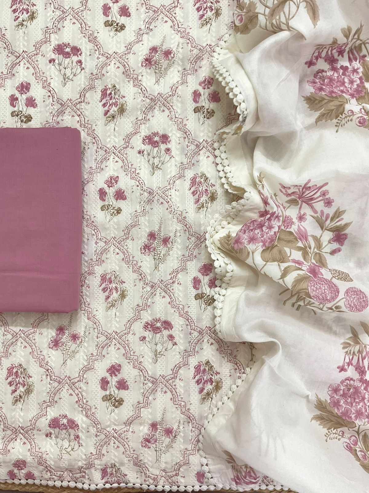 Pure Hakoba Cotton Printed Embroidered Suit - Off White