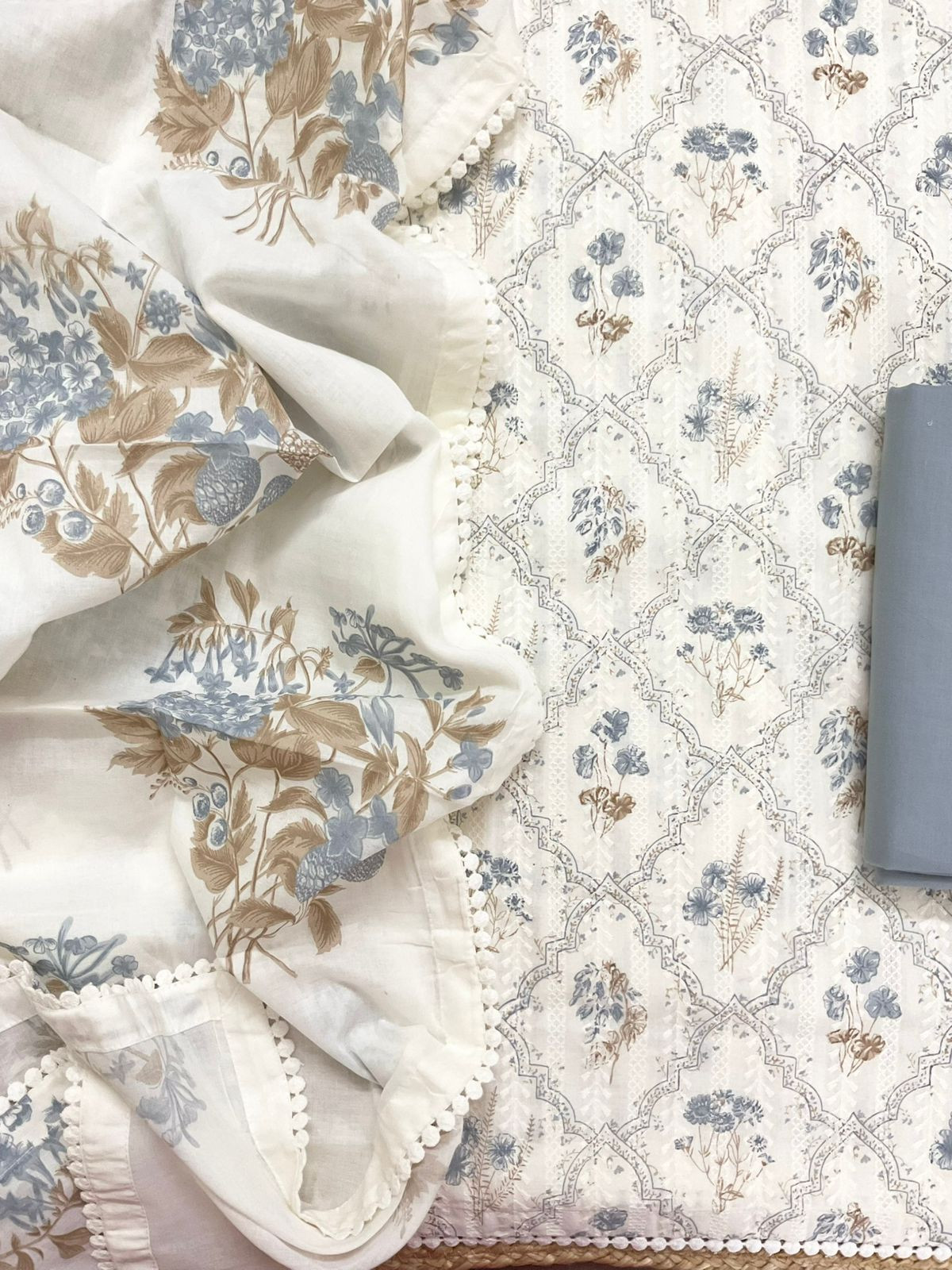 Pure Hakoba Cotton Printed Embroidered Suit - Off White