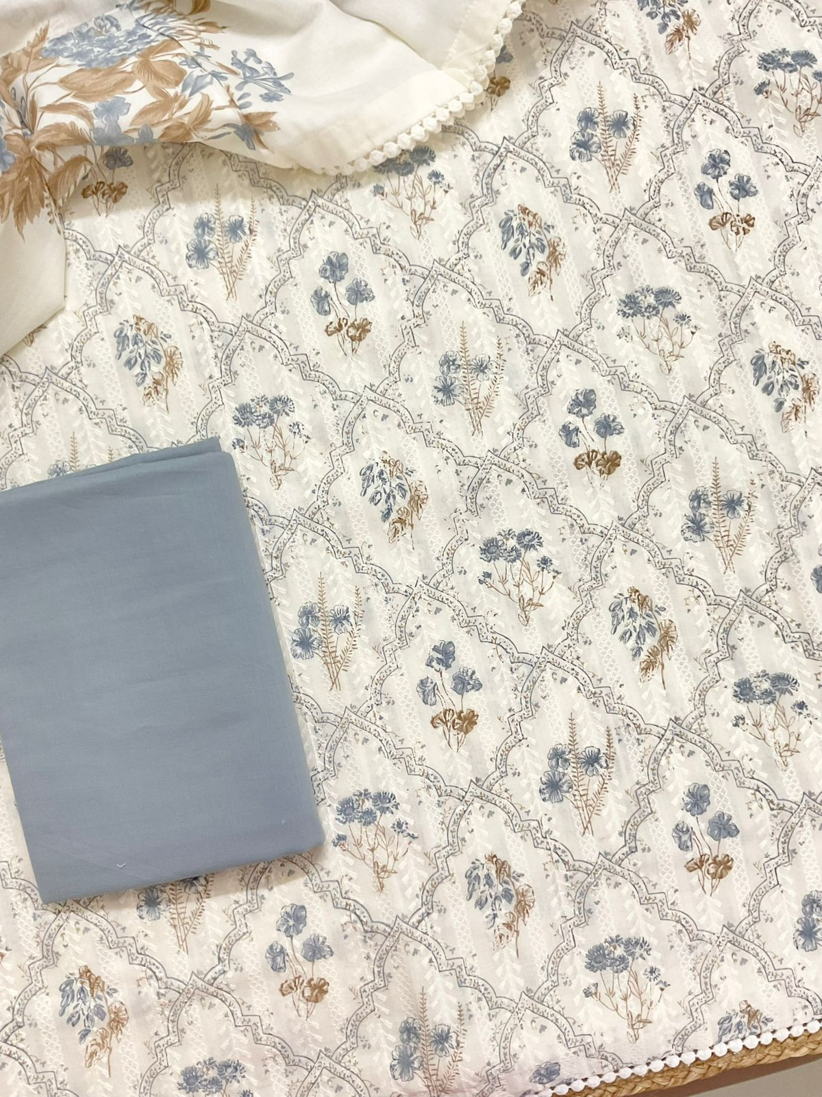 Pure Hakoba Cotton Printed Embroidered Suit - Off White