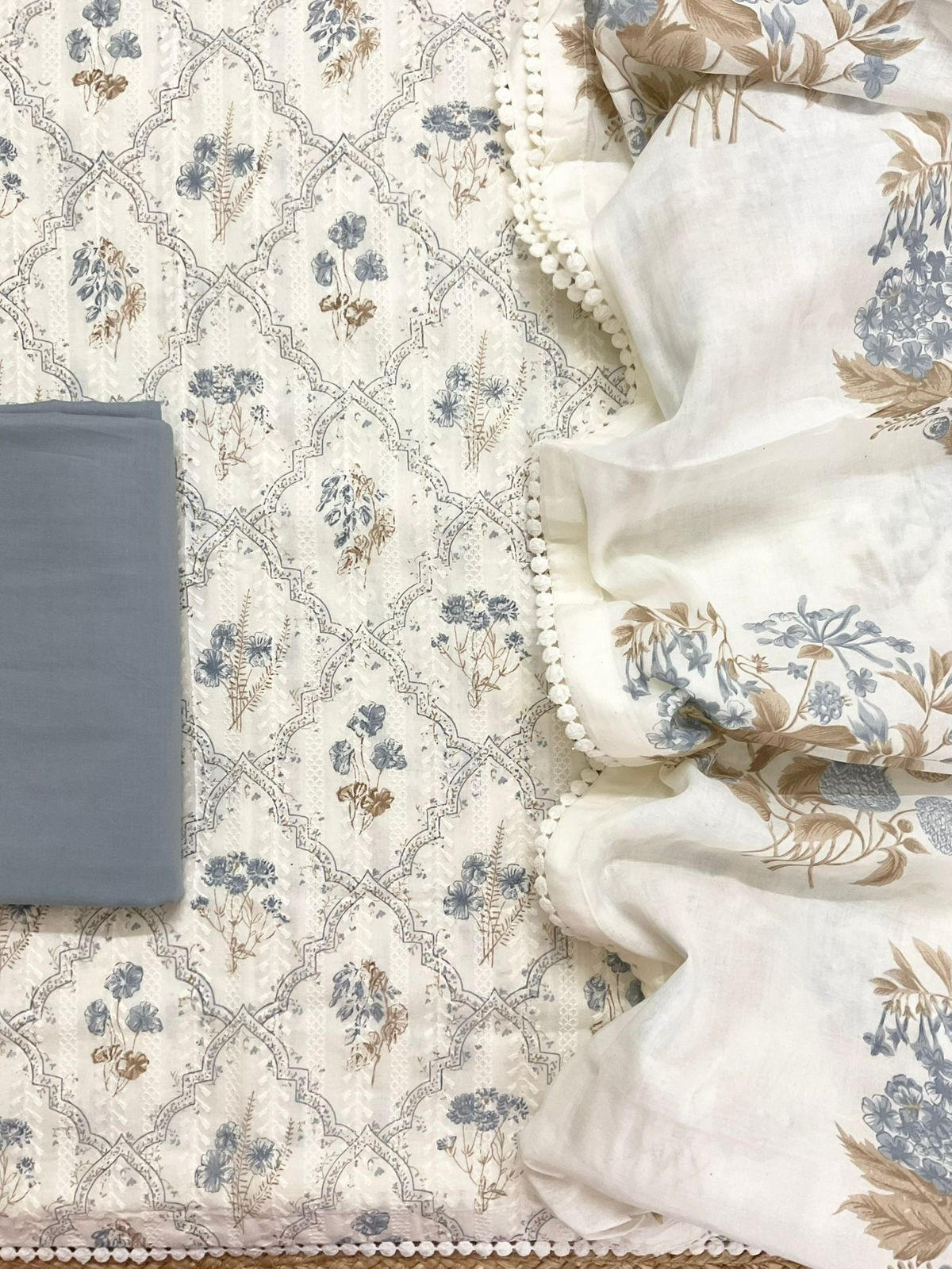 Pure Hakoba Cotton Printed Embroidered Suit - Off White