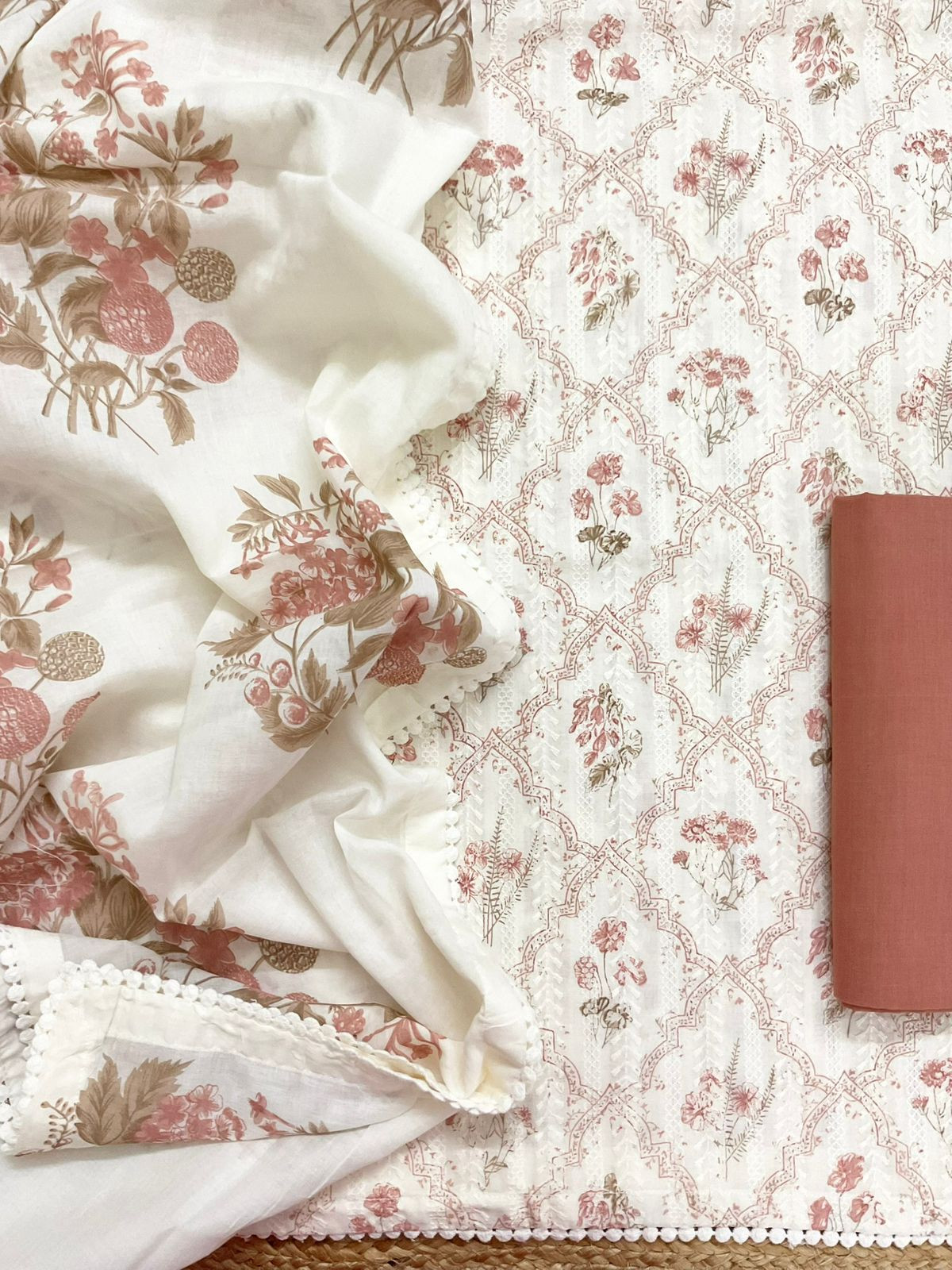 Pure Hakoba Cotton Printed Embroidered Suit - Off White